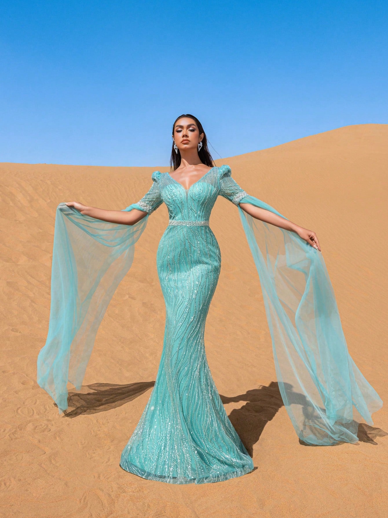 Luxury Plunging Neck Extra-Long Sleeves Beaded Evening Dress