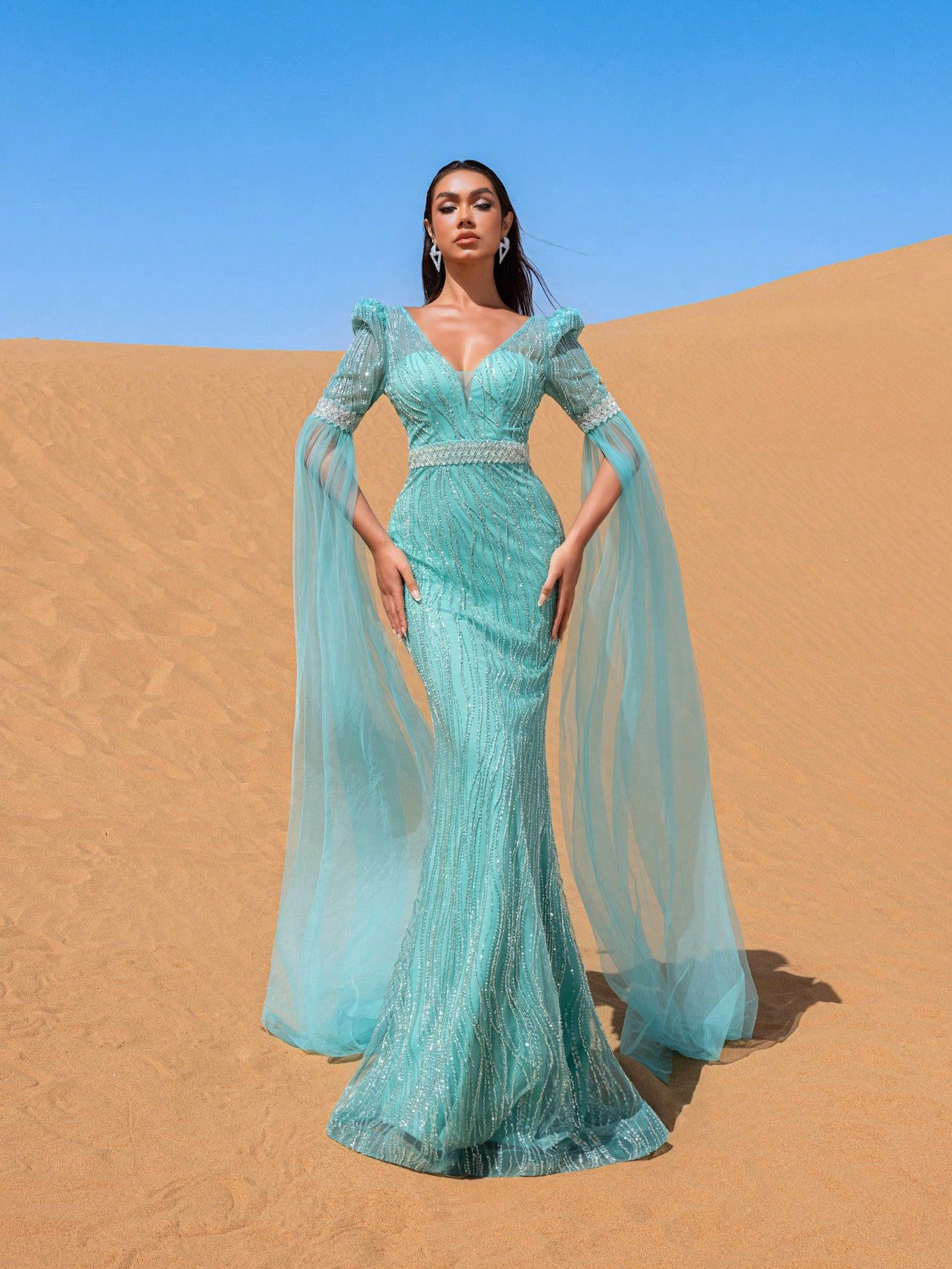 Luxury Plunging Neck Extra-Long Sleeves Beaded Evening Dress