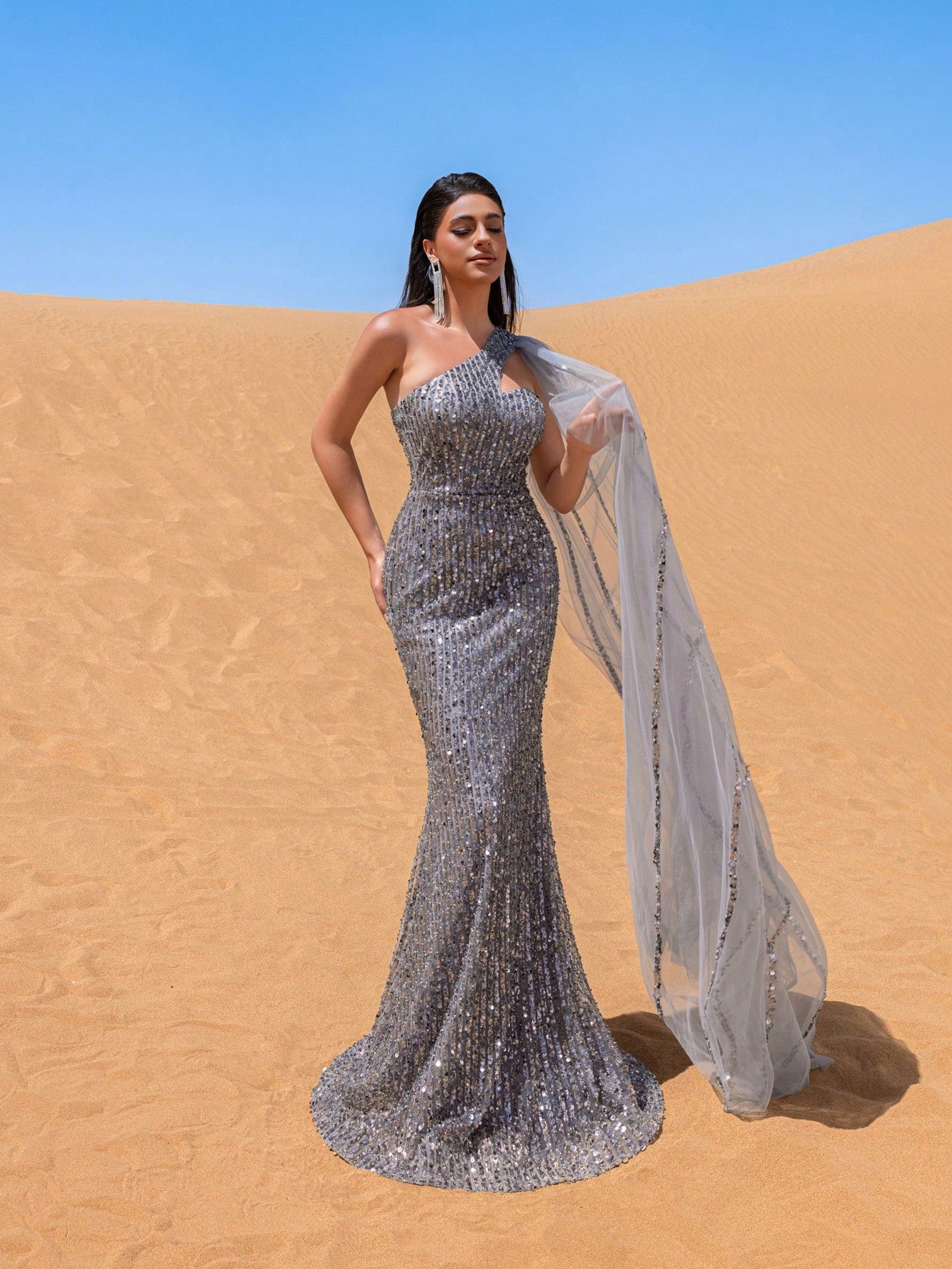 Gorgeous One Shoulder Tulle Draped Side Beaded Sequin Formal Dresses & Evening Gowns
