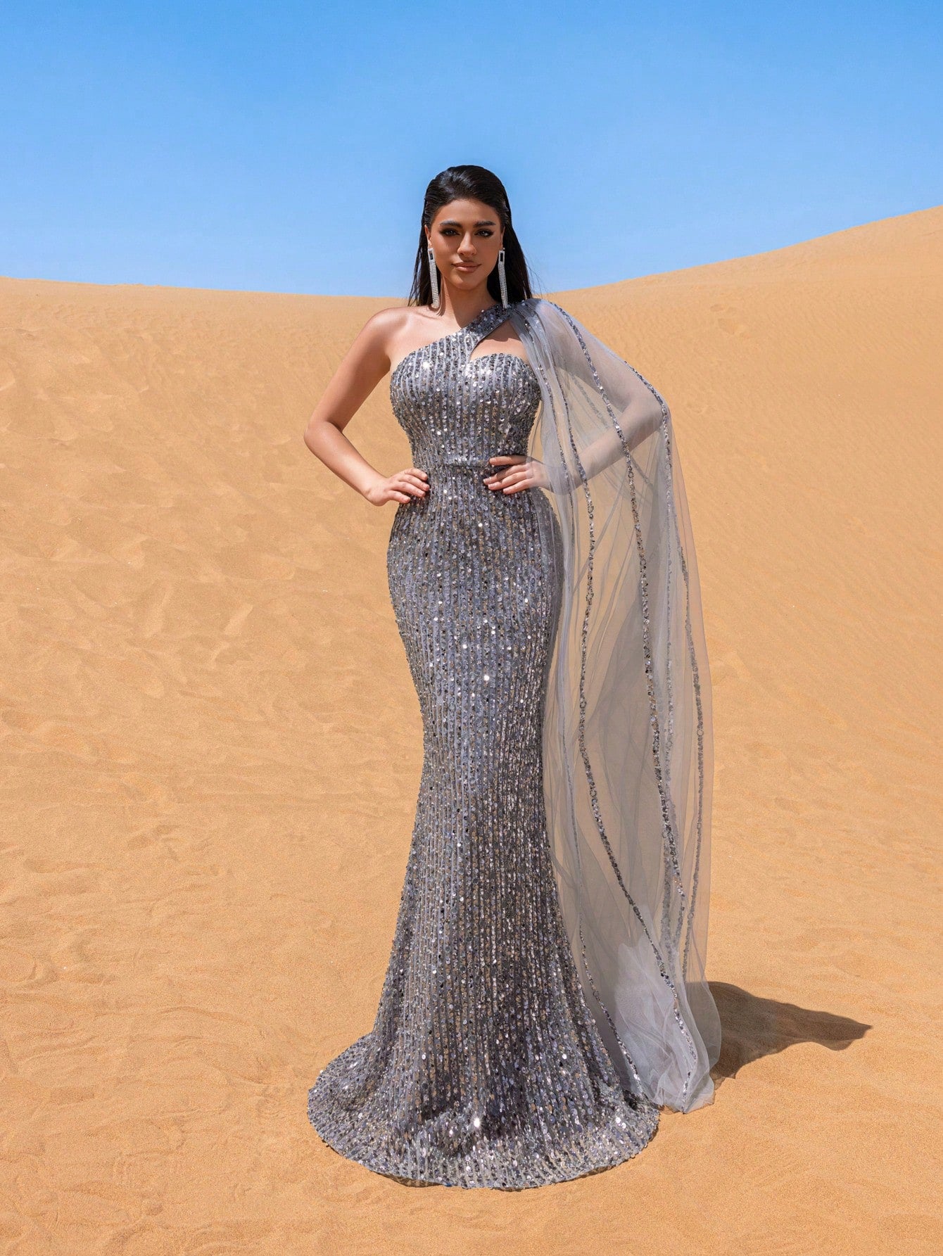 Gorgeous One Shoulder Tulle Draped Side Beaded Sequin Formal Dresses & Evening Gowns