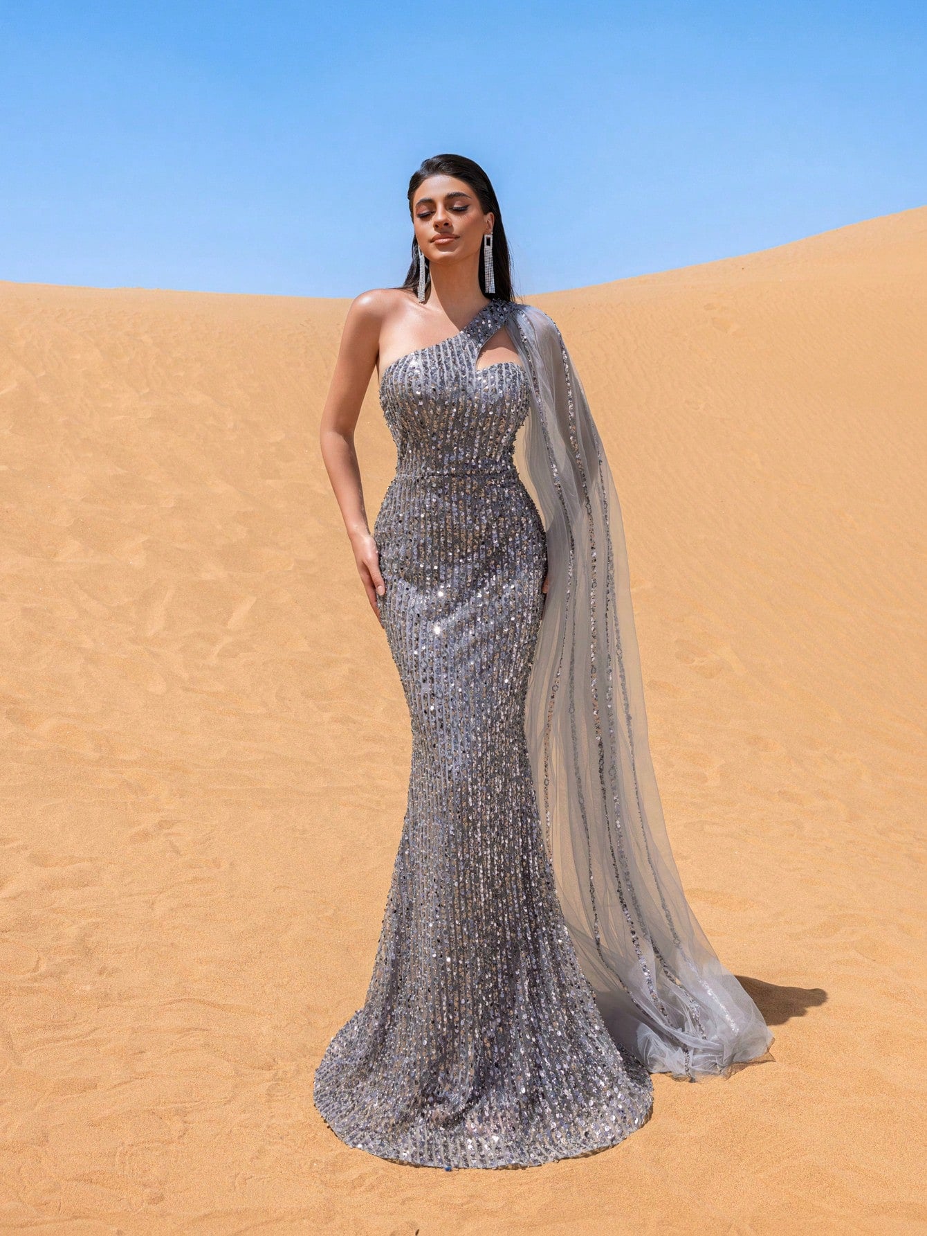 Gorgeous One Shoulder Tulle Draped Side Beaded Sequin Formal Dresses & Evening Gowns