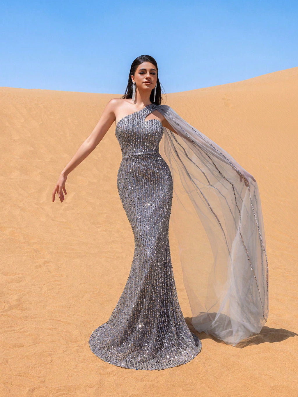 Gorgeous One Shoulder Tulle Draped Side Beaded Sequin Formal Dresses & Evening Gowns