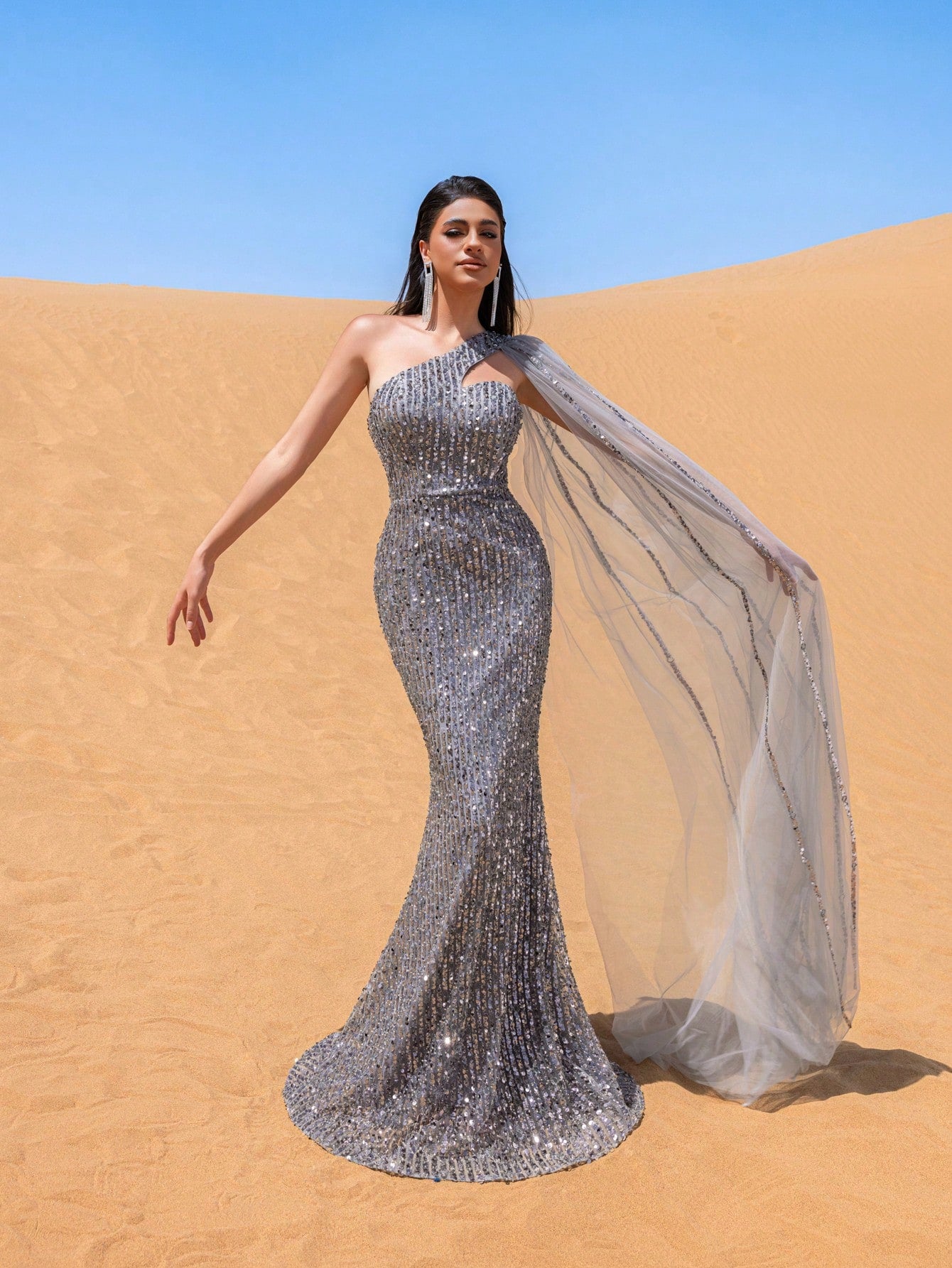 Gorgeous One Shoulder Tulle Draped Side Beaded Sequin Formal Dresses & Evening Gowns