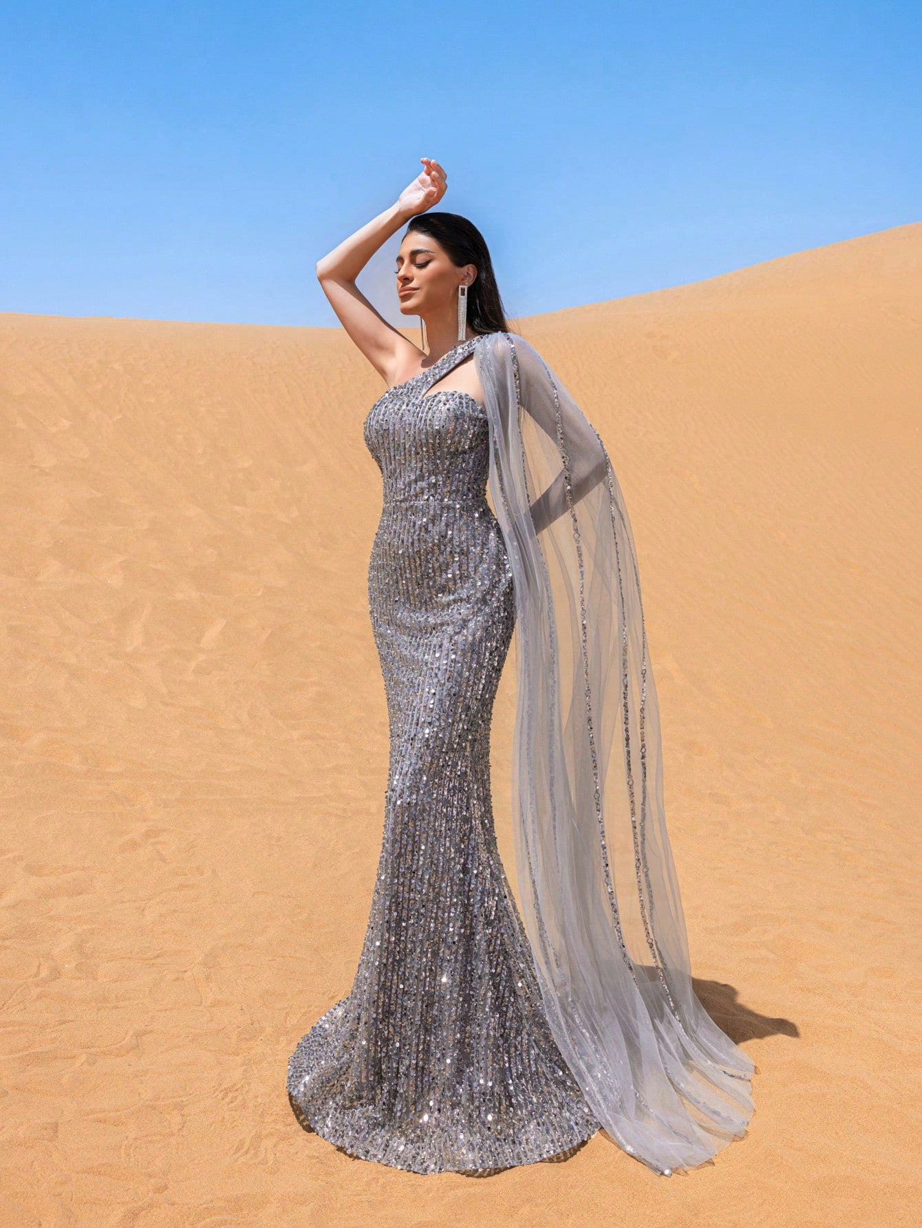 Gorgeous One Shoulder Tulle Draped Side Beaded Sequin Formal Dresses & Evening Gowns