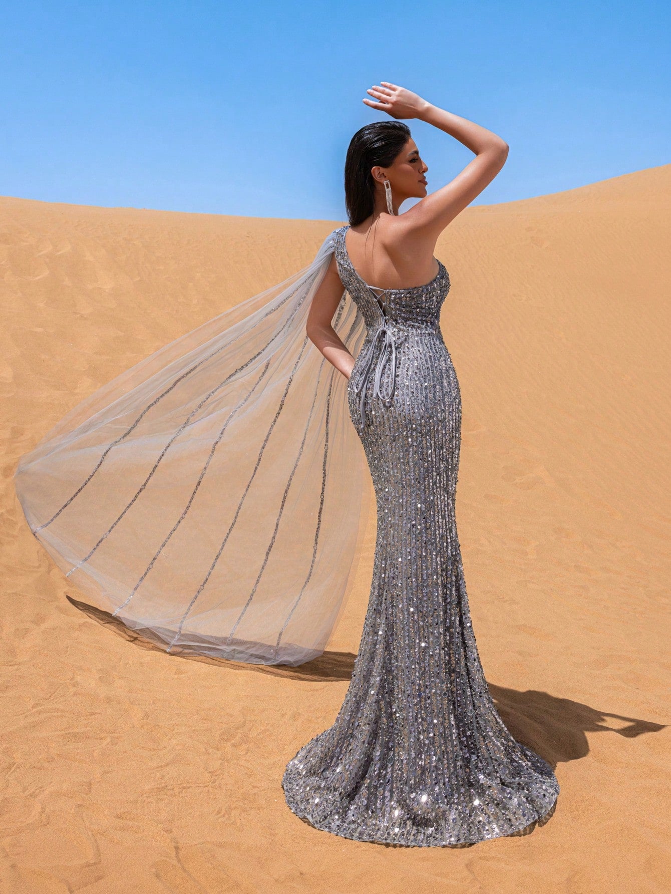 Gorgeous One Shoulder Tulle Draped Side Beaded Sequin Formal Dresses & Evening Gowns