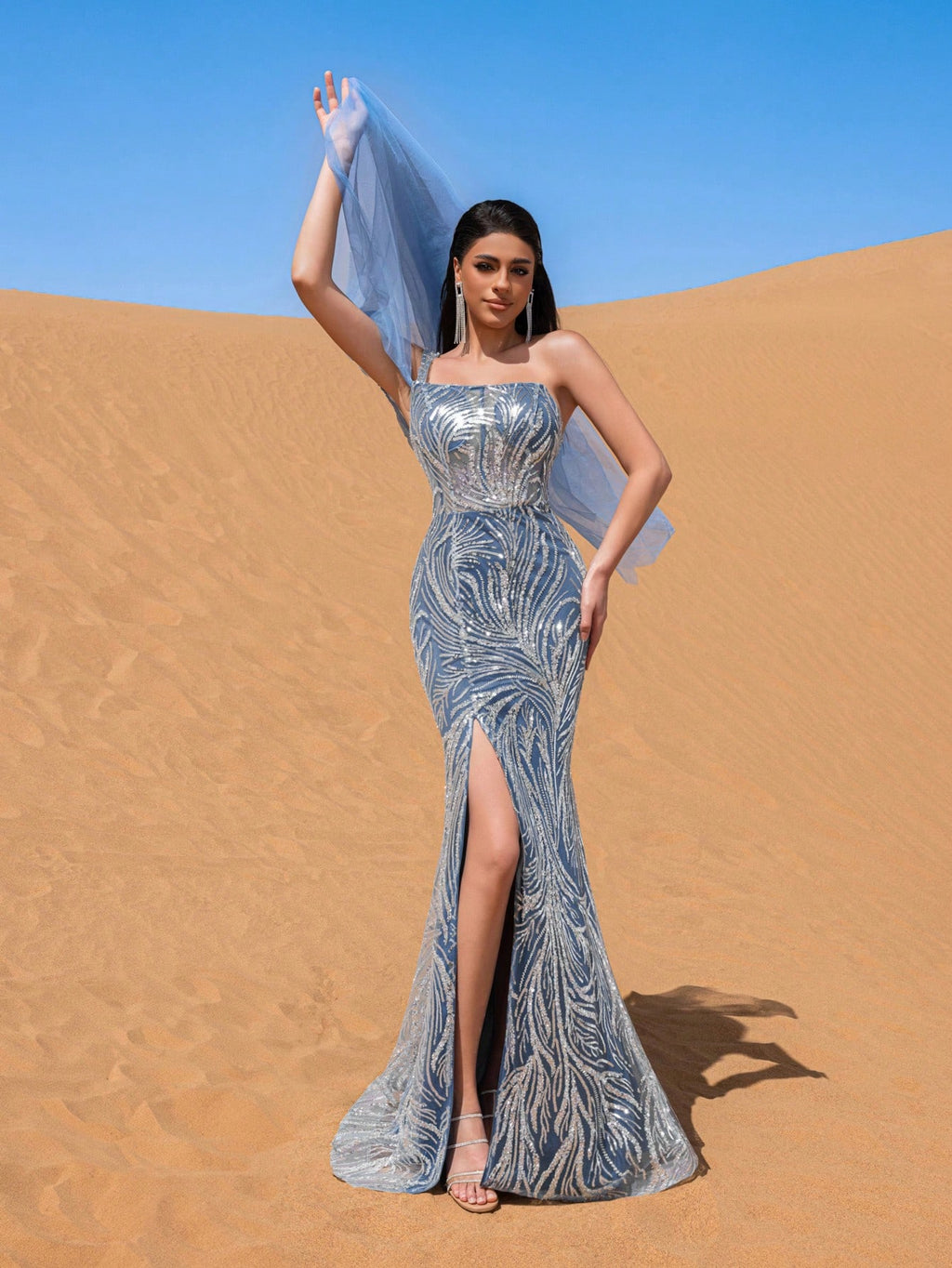 Gorgeous One Shoulder Sheer Overlay Graphic Sequin Evening Dress