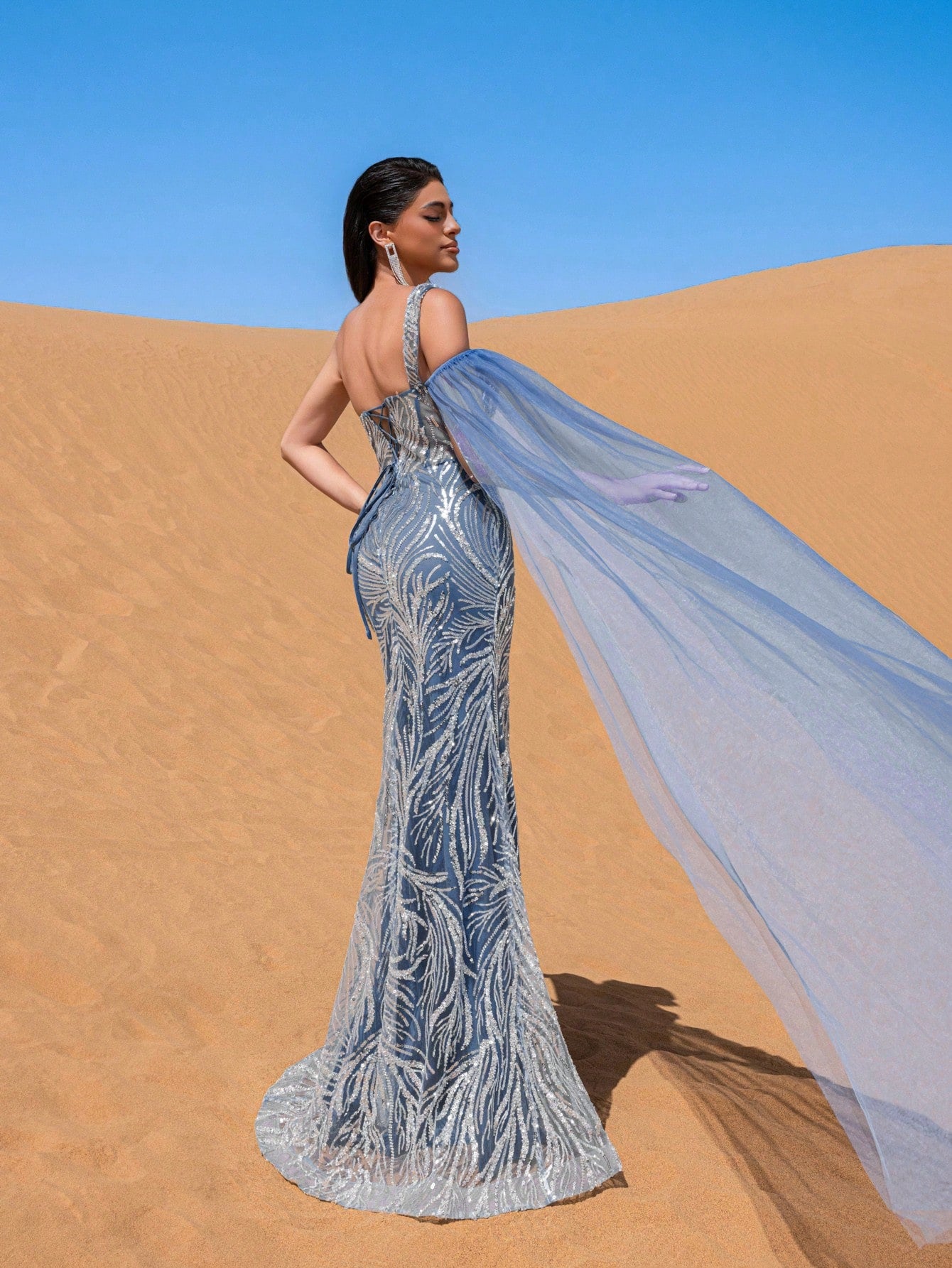 Gorgeous One Shoulder Sheer Overlay Graphic Sequin Evening Dress