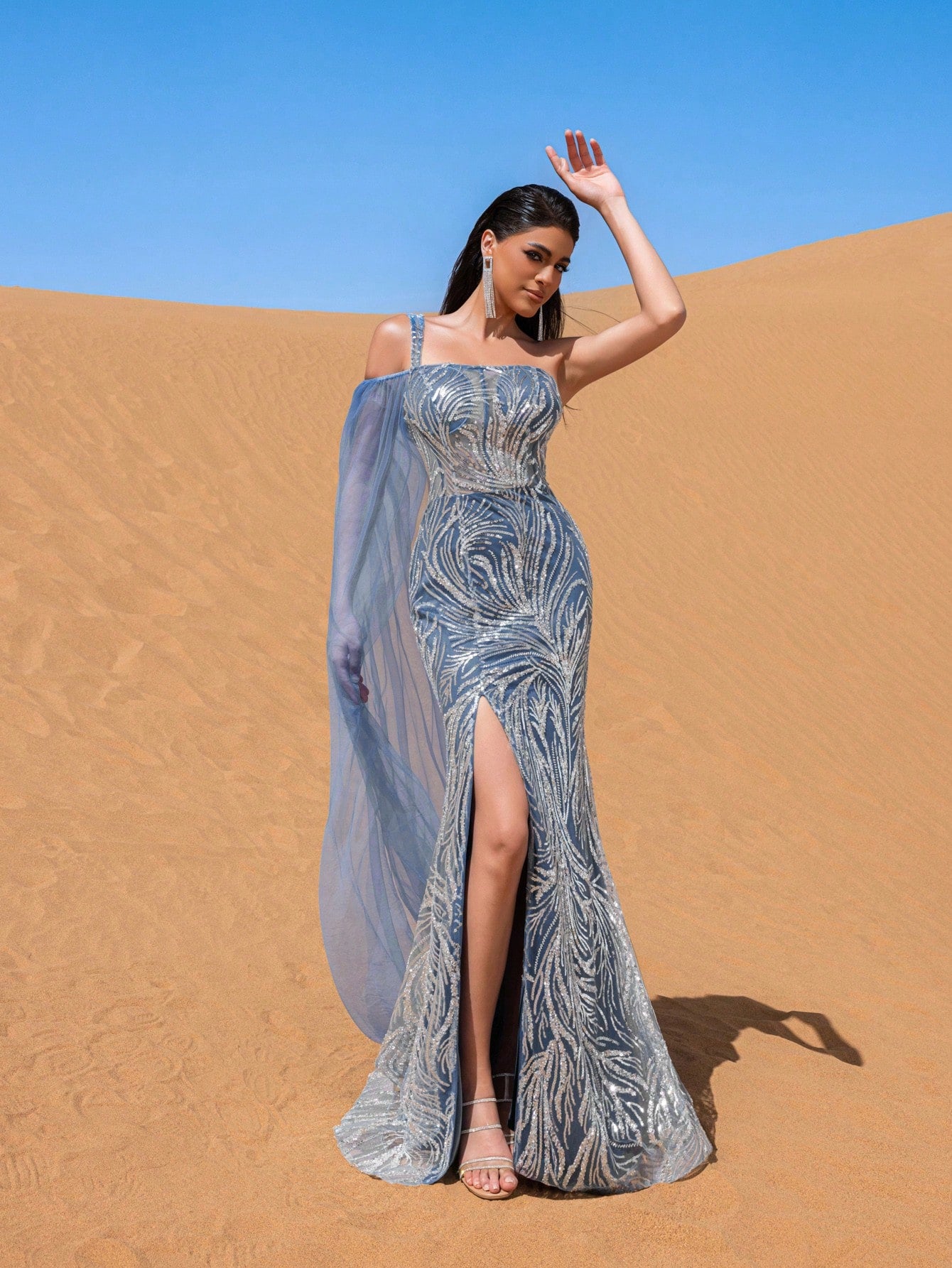 Gorgeous One Shoulder Sheer Overlay Graphic Sequin Evening Dress