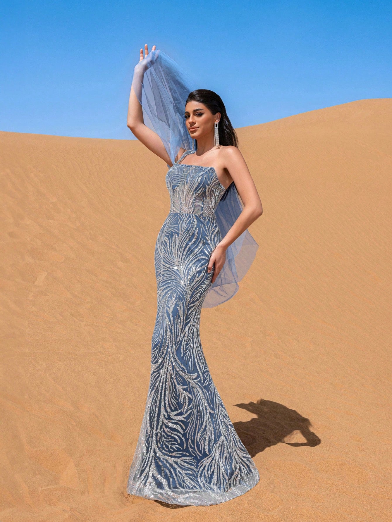 Gorgeous One Shoulder Sheer Overlay Graphic Sequin Evening Dress