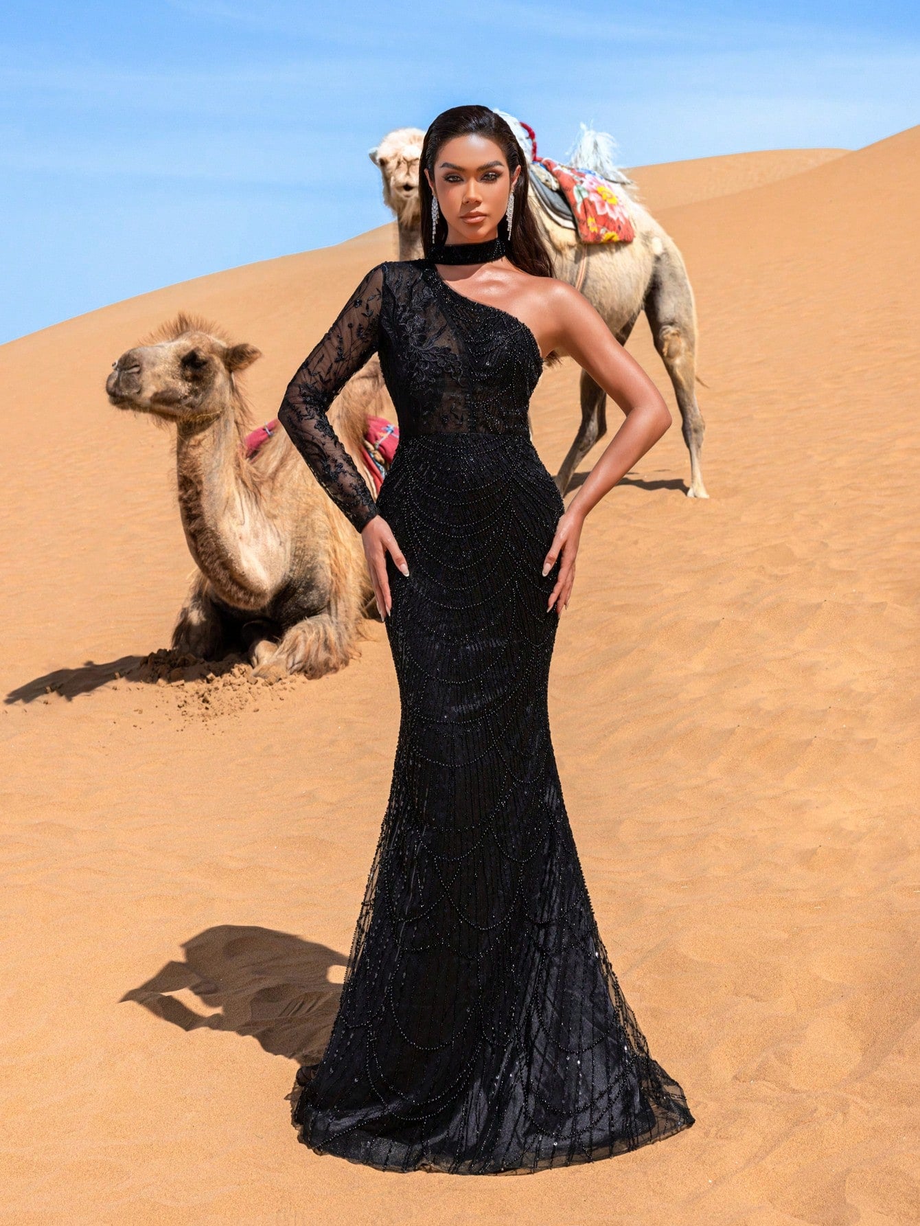 Elegant One Shoulder Mermaid Hem Beaded Sequin Formal Dresses & Evening Gowns