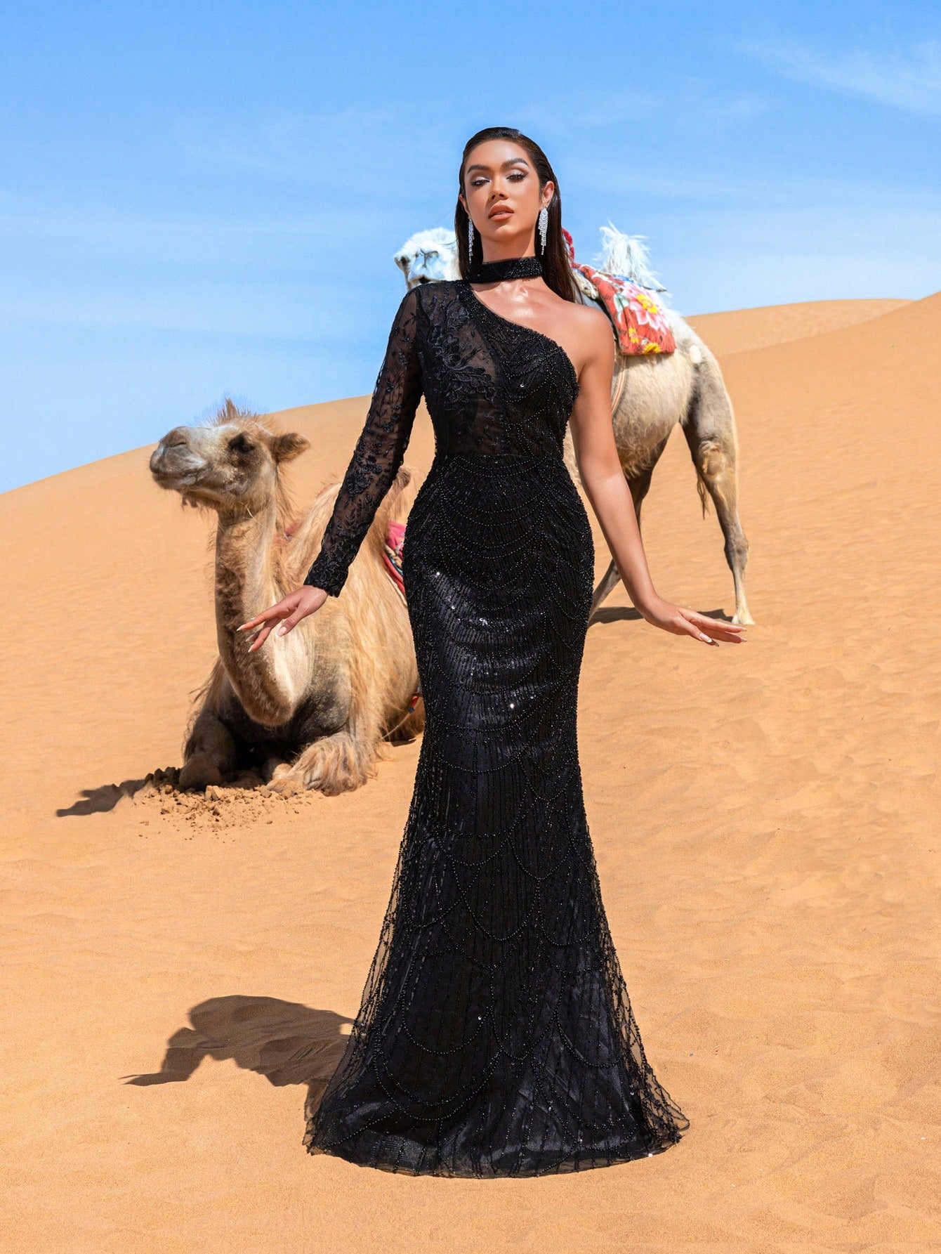 Elegant One Shoulder Mermaid Hem Beaded Sequin Formal Dresses & Evening Gowns