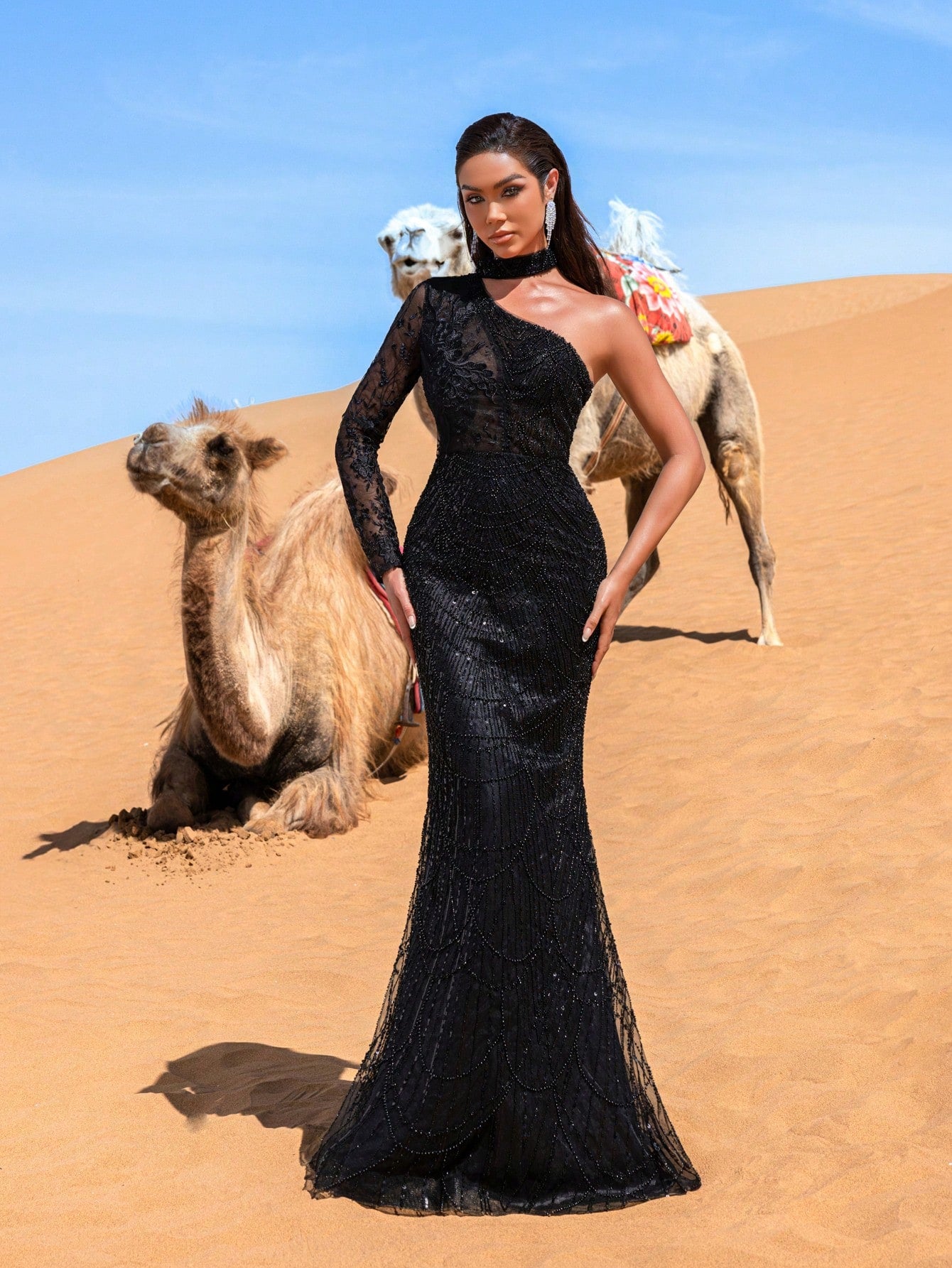 Elegant One Shoulder Mermaid Hem Beaded Sequin Formal Dresses & Evening Gowns
