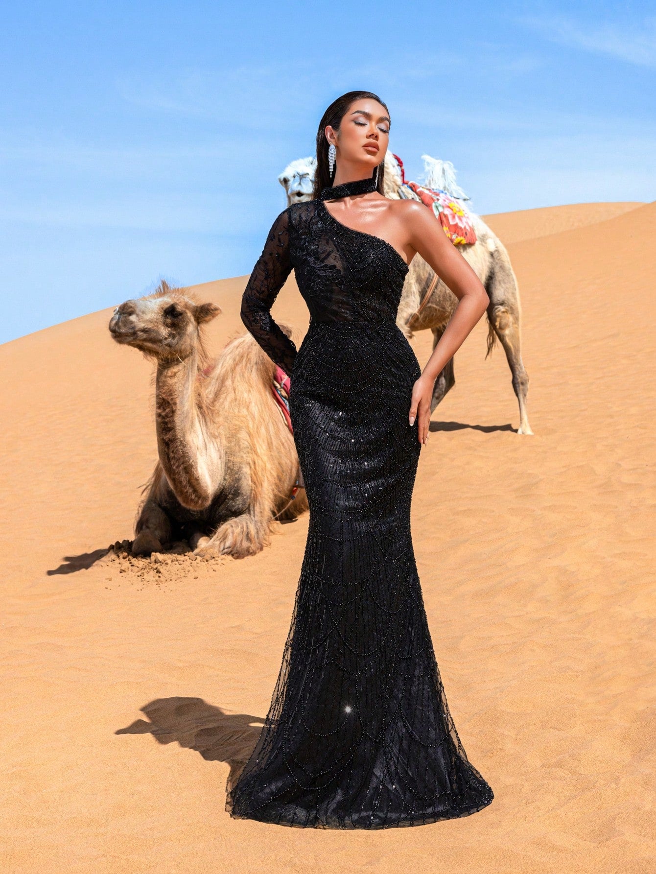 Elegant One Shoulder Mermaid Hem Beaded Sequin Formal Dresses & Evening Gowns