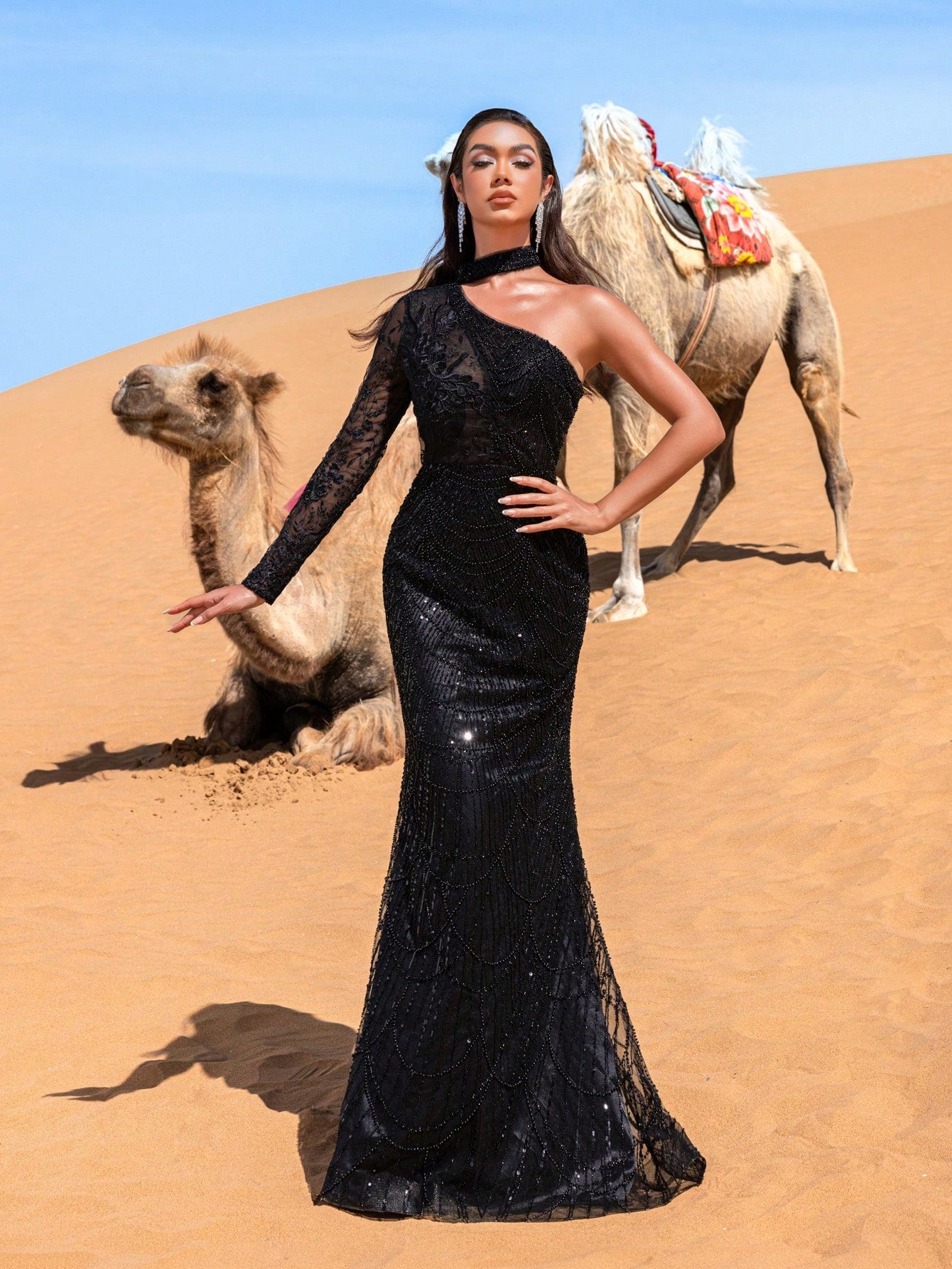 Elegant One Shoulder Mermaid Hem Beaded Sequin Formal Dresses & Evening Gowns
