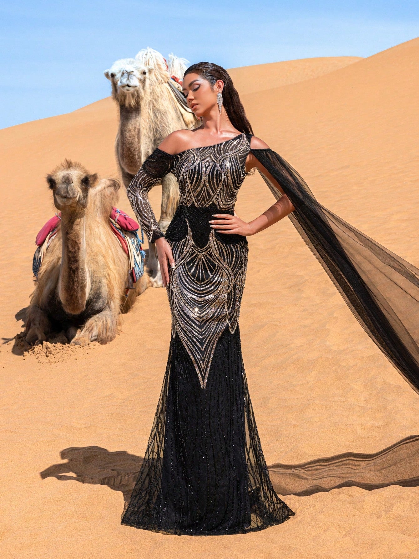 Gorgeous One-Sleeve Beaded Evening Dress with Flowing Cape Beaded Gowns Formal Dresses & Evening Gowns