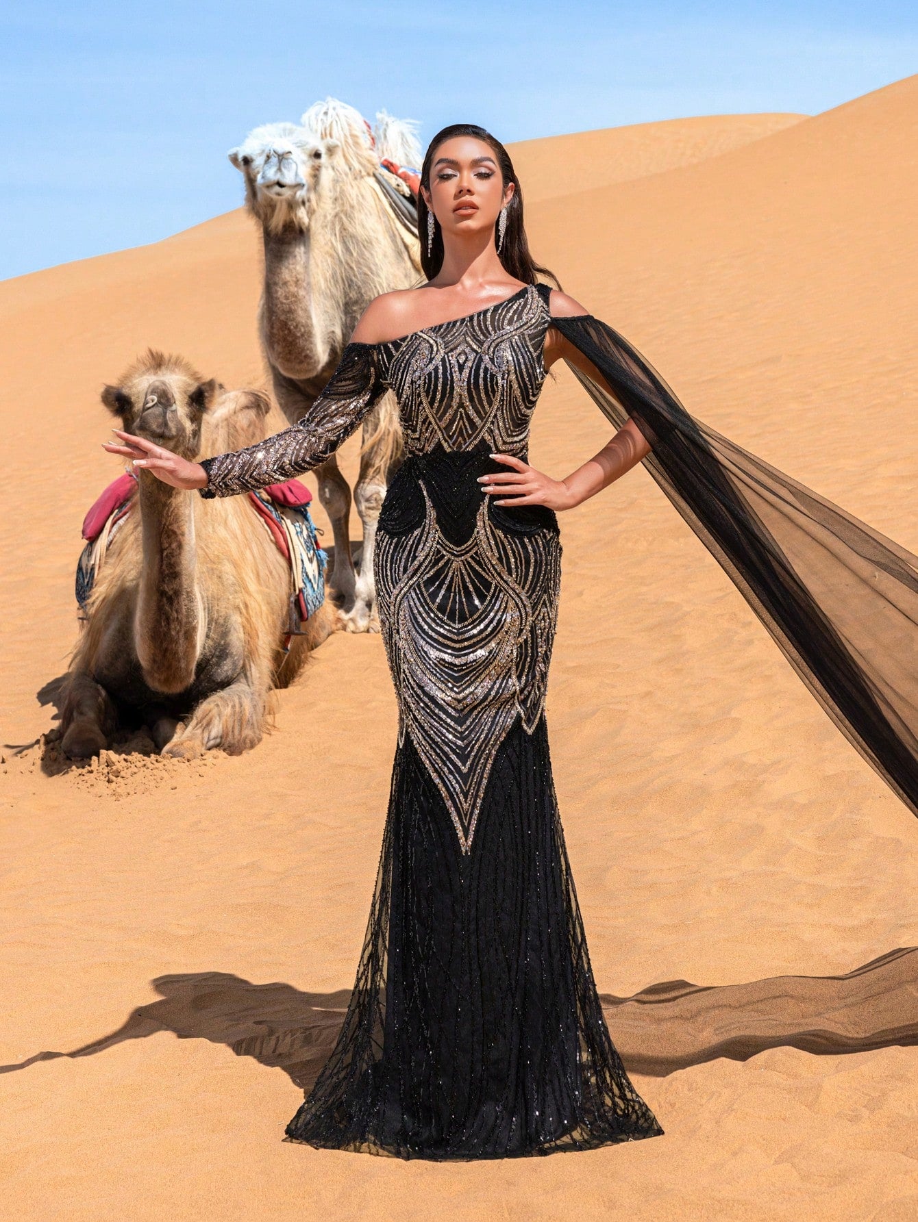 Gorgeous One-Sleeve Beaded Evening Dress with Flowing Cape Beaded Gowns Formal Dresses & Evening Gowns