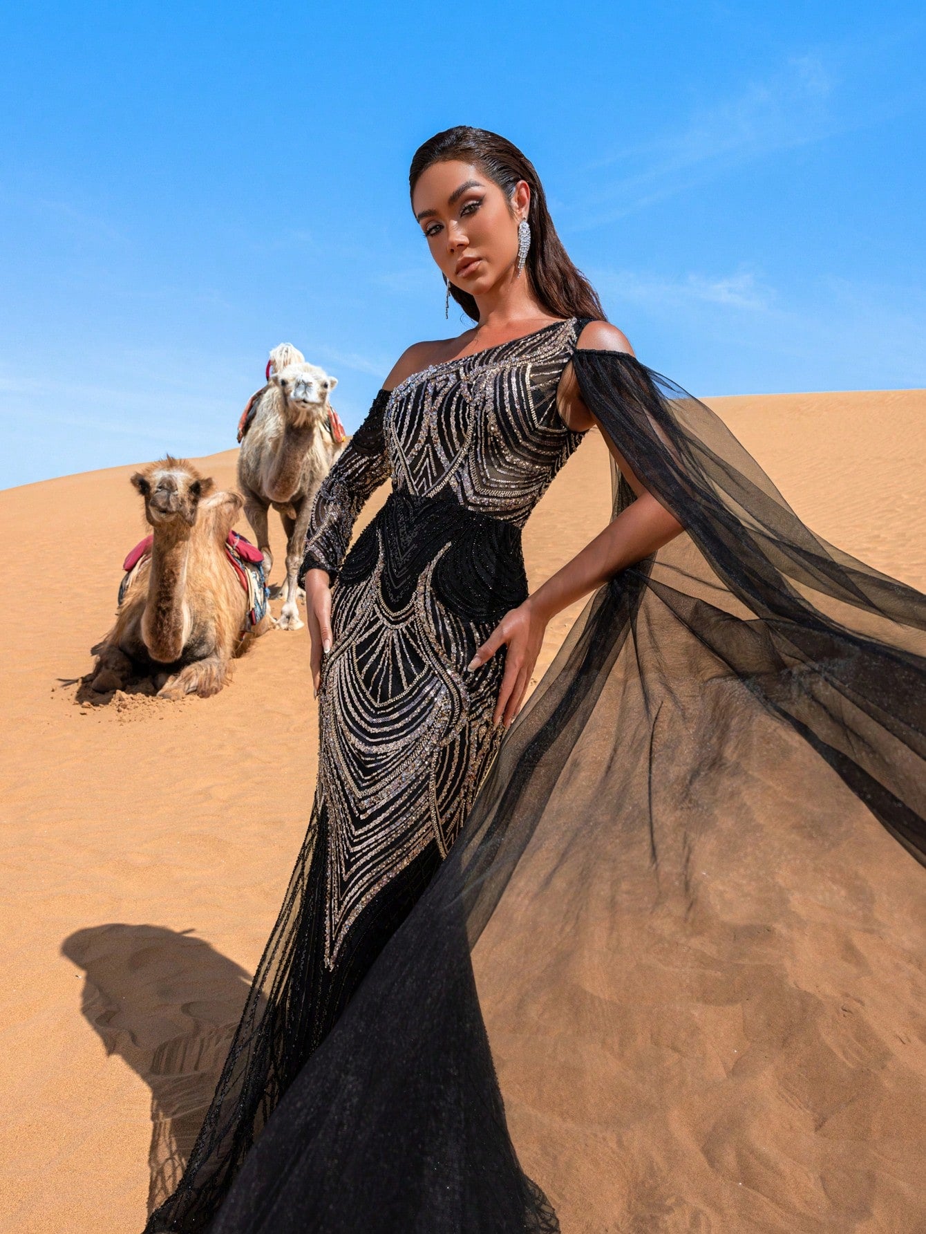 Gorgeous One-Sleeve Beaded Evening Dress with Flowing Cape Beaded Gowns Formal Dresses & Evening Gowns