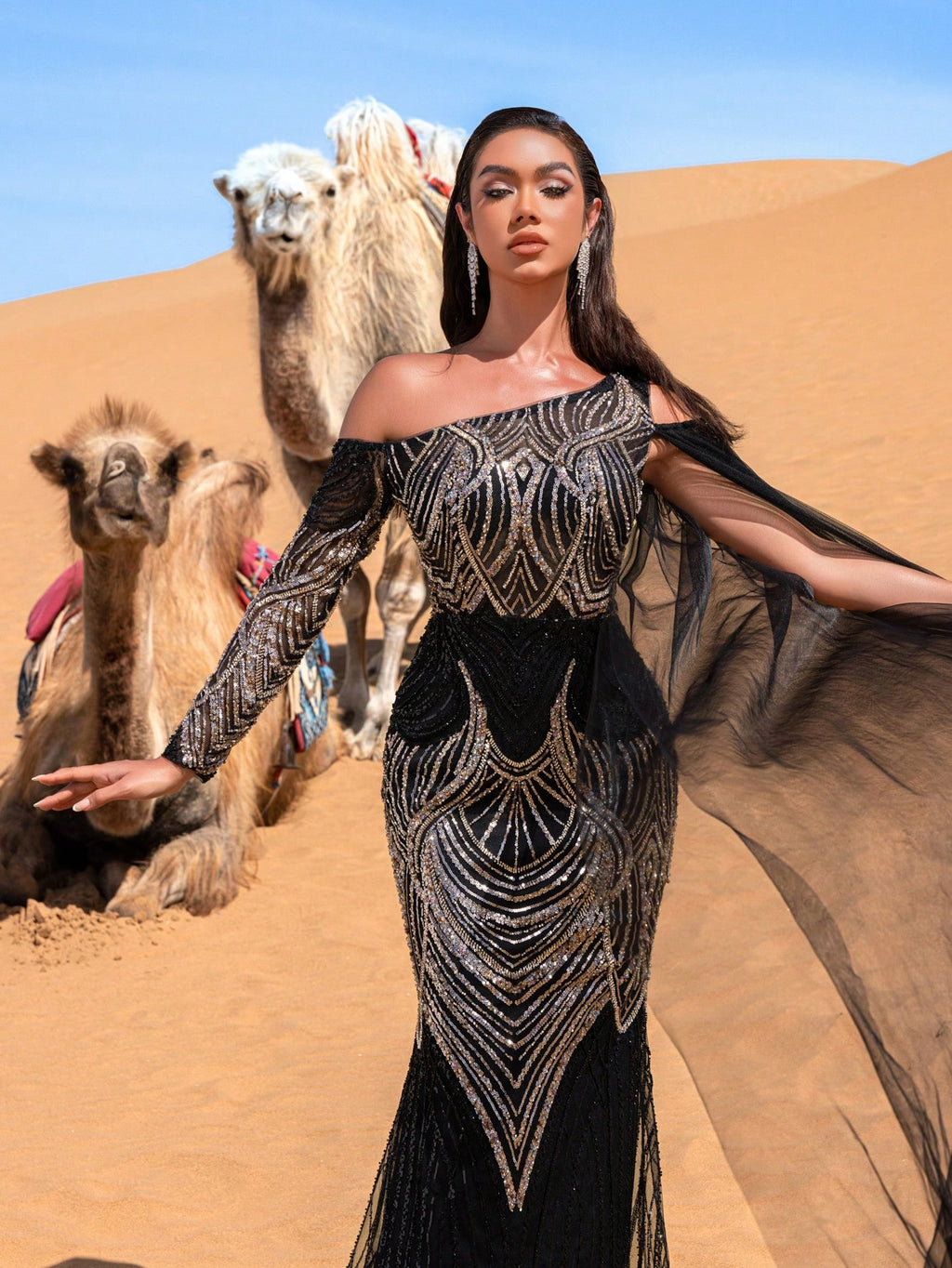 Gorgeous One-Sleeve Beaded Evening Dress with Flowing Cape Beaded Gowns Formal Dresses & Evening Gowns