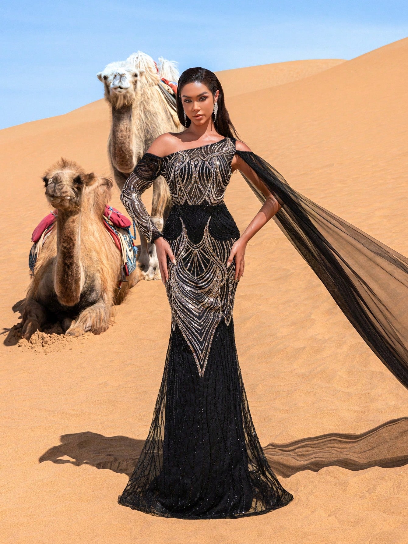 Gorgeous One-Sleeve Beaded Evening Dress with Flowing Cape Beaded Gowns Formal Dresses & Evening Gowns
