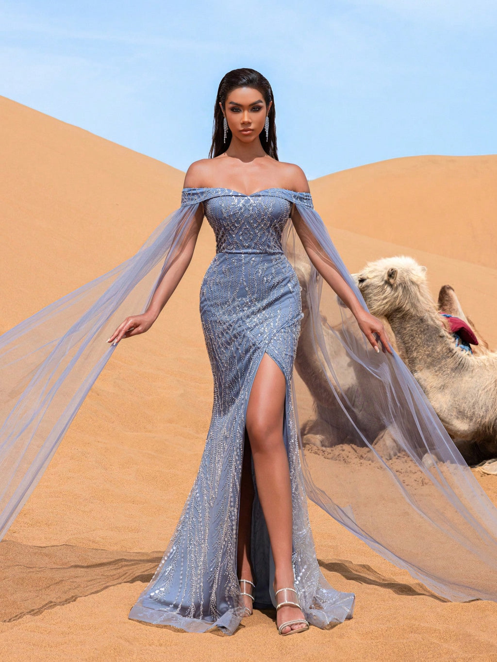 Elegant Off Shoulder Sheer Cape Sleeves Sequin Beaded Formal Dresses & Evening Gowns Dress