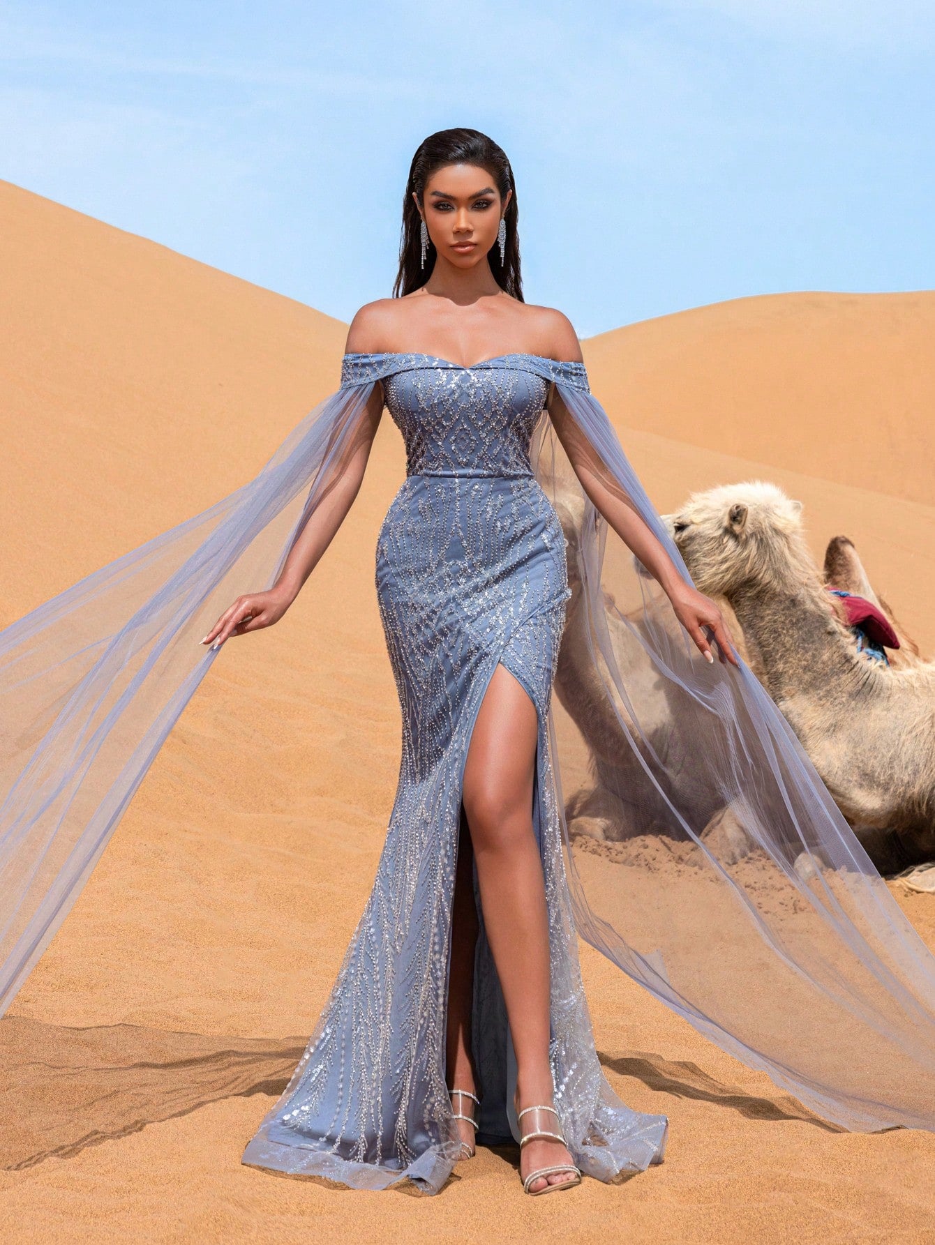 Elegant Off Shoulder Sheer Cape Sleeves Sequin Beaded Formal Dresses & Evening Gowns Dress