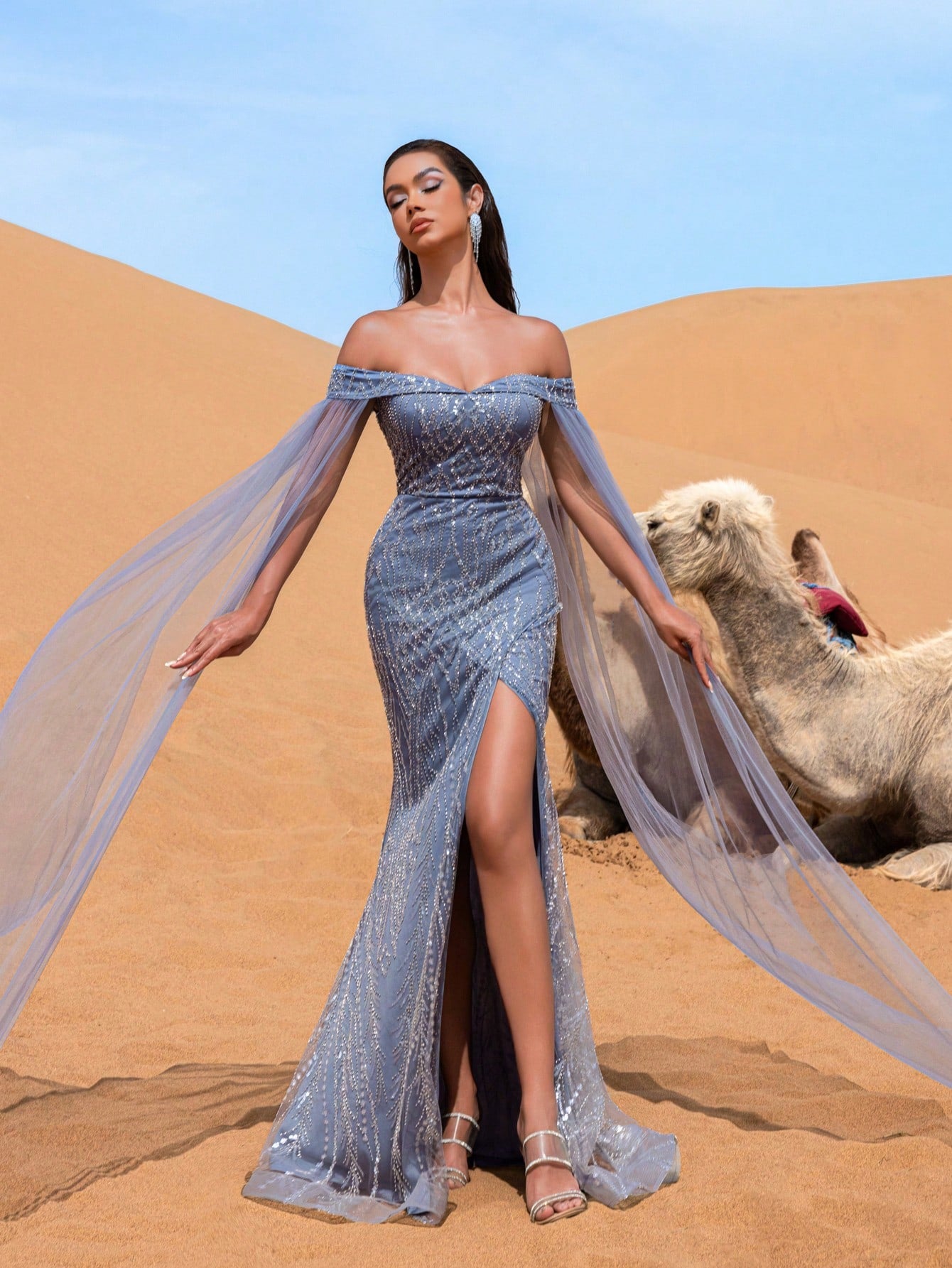 Elegant Off Shoulder Sheer Cape Sleeves Sequin Beaded Formal Dresses & Evening Gowns Dress