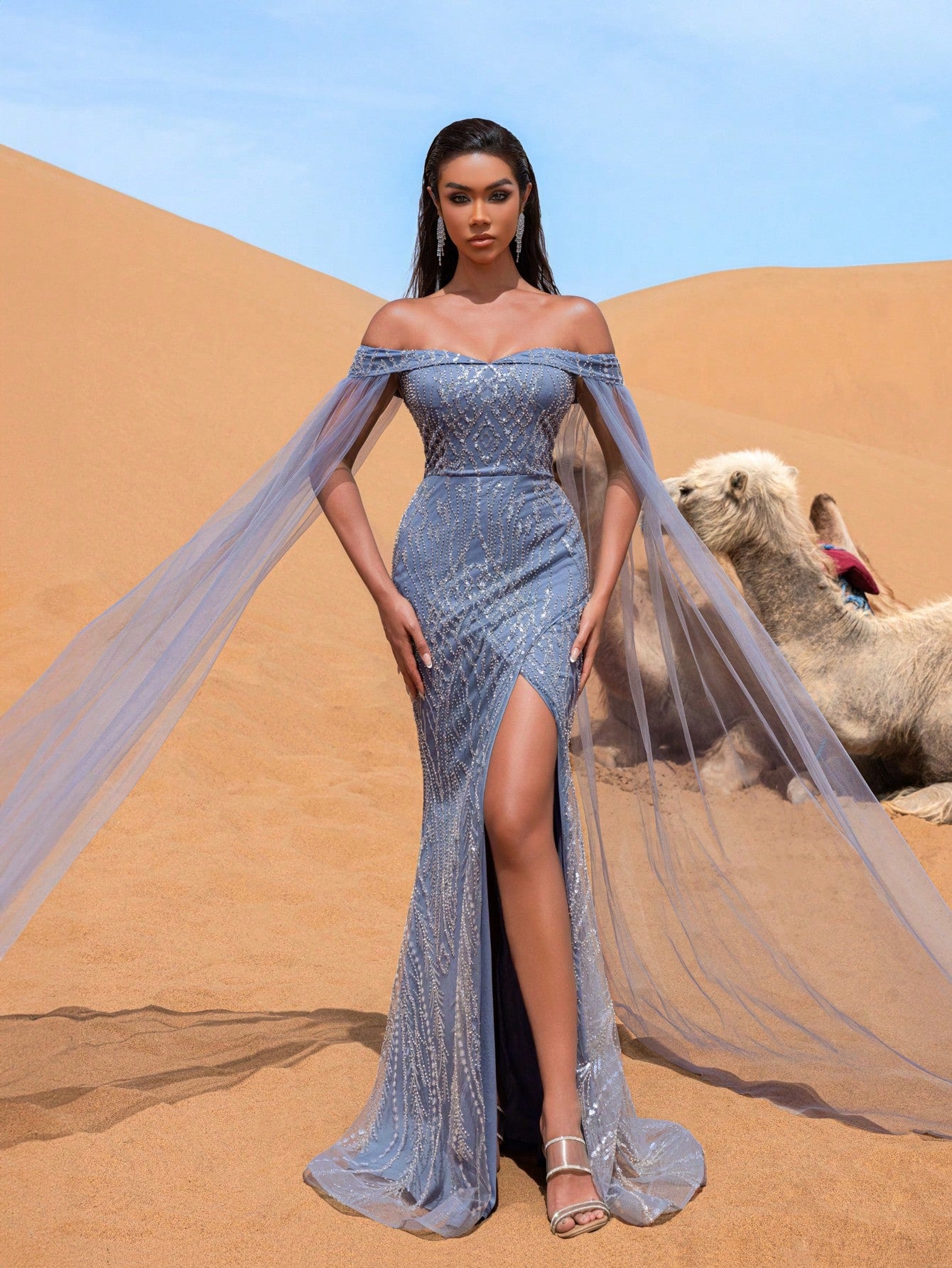Elegant Off Shoulder Sheer Cape Sleeves Sequin Beaded Formal Dresses & Evening Gowns Dress