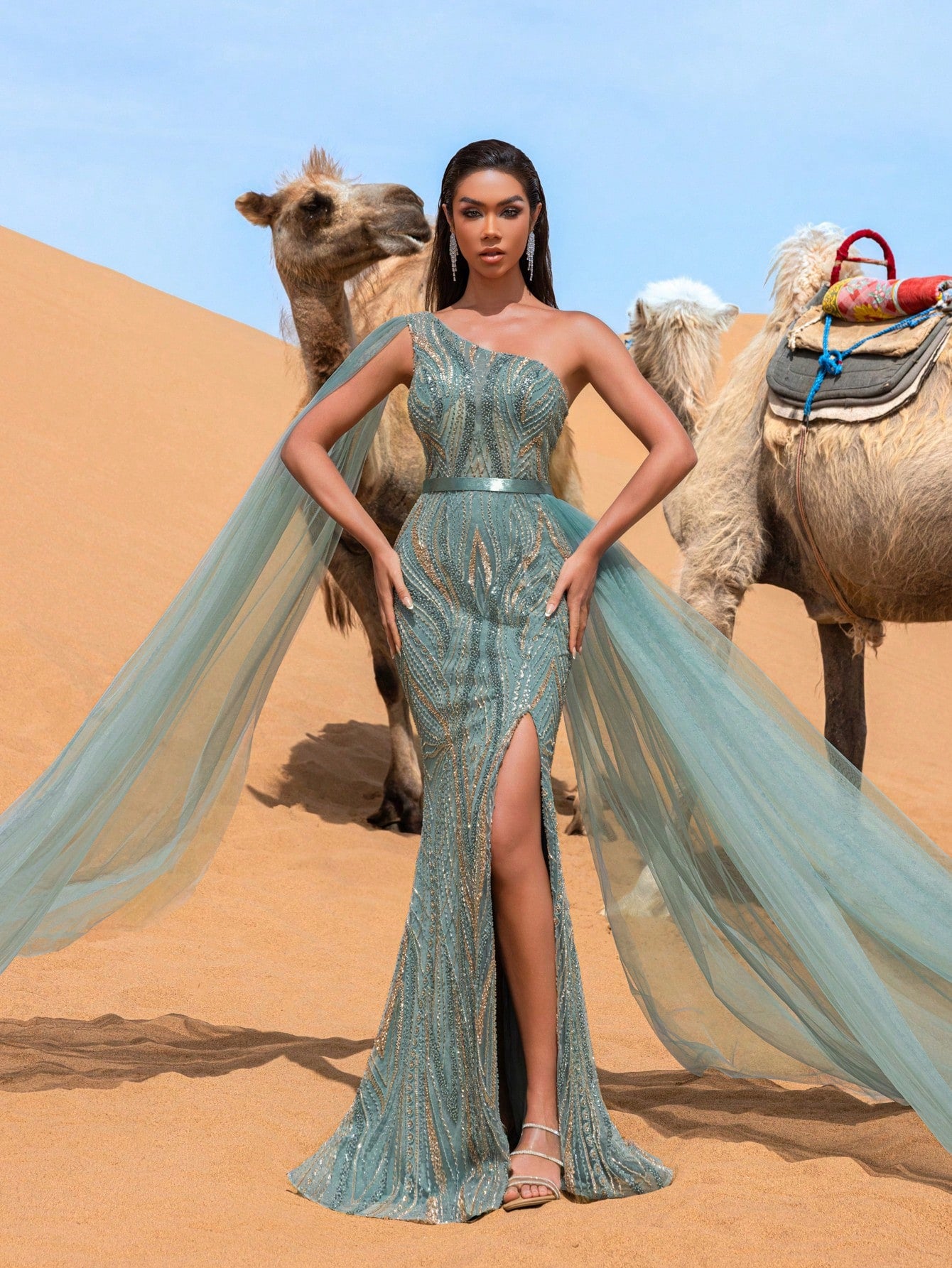 Luxury Sheer Cape Sleeve Beaded Embellishments Formal Evening Dress