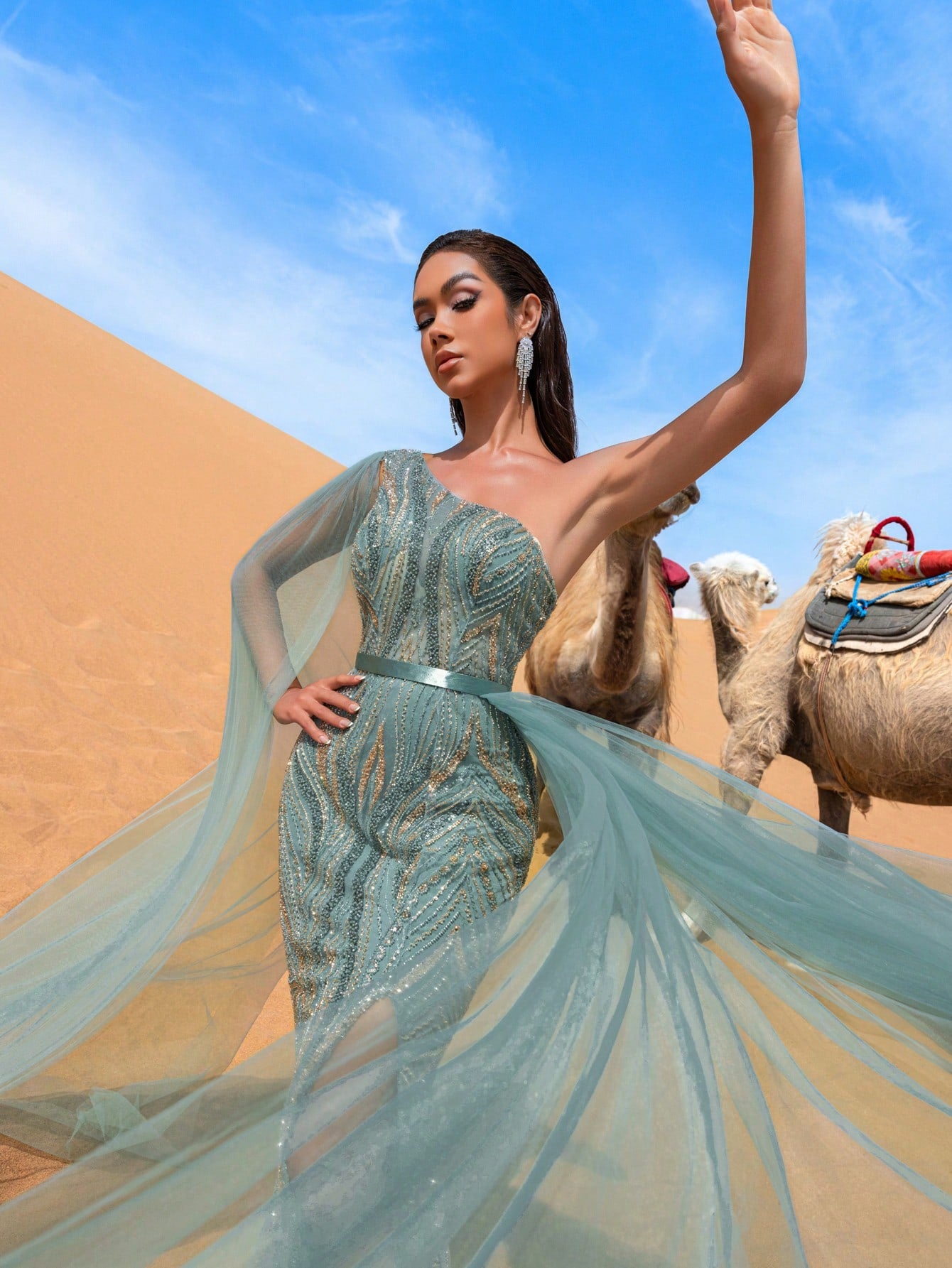 Luxury Sheer Cape Sleeve Beaded Embellishments Formal Evening Dress