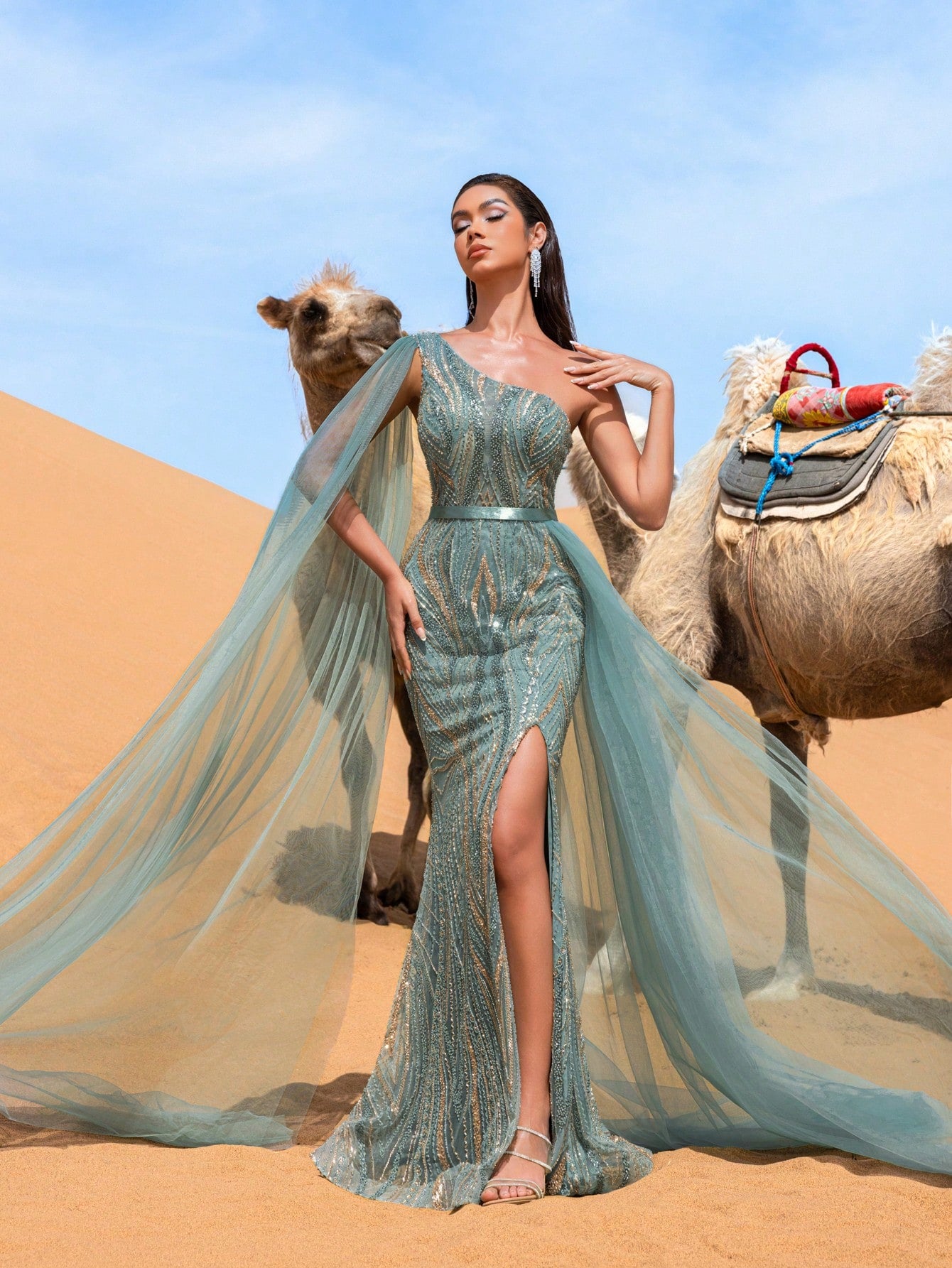 Luxury Sheer Cape Sleeve Beaded Embellishments Formal Evening Dress