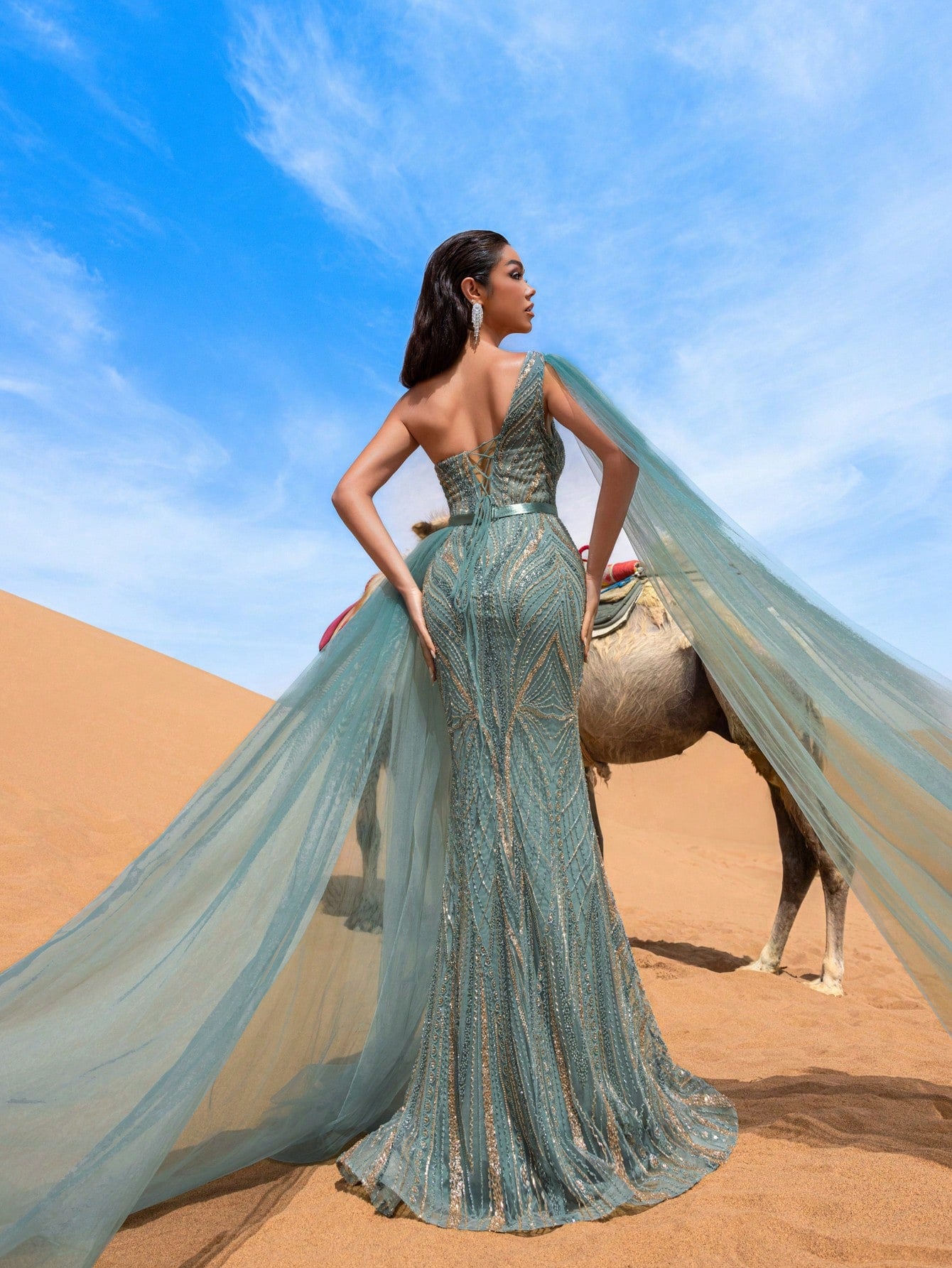 Luxury Sheer Cape Sleeve Beaded Embellishments Formal Evening Dress