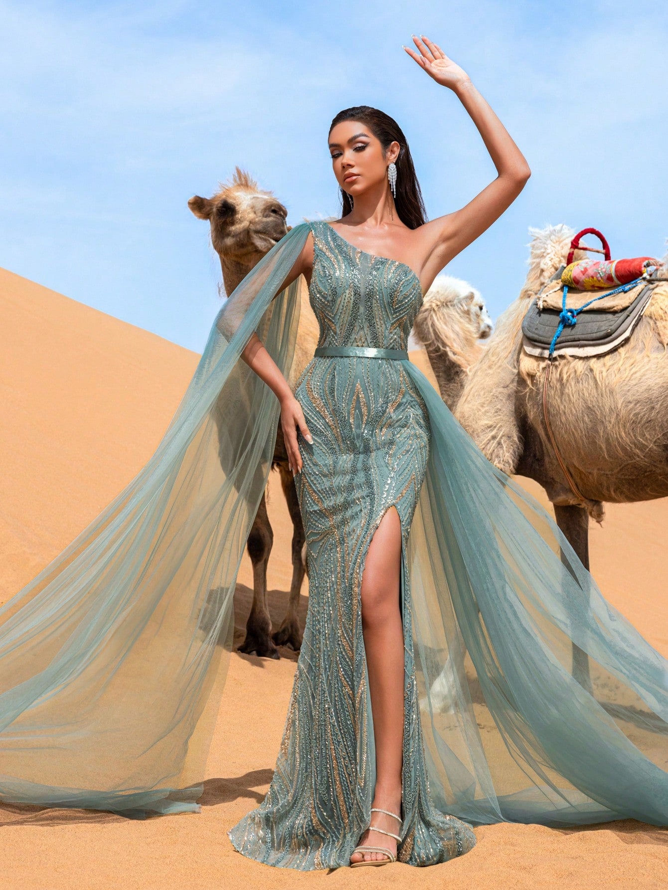 Luxury Sheer Cape Sleeve Beaded Embellishments Formal Evening Dress
