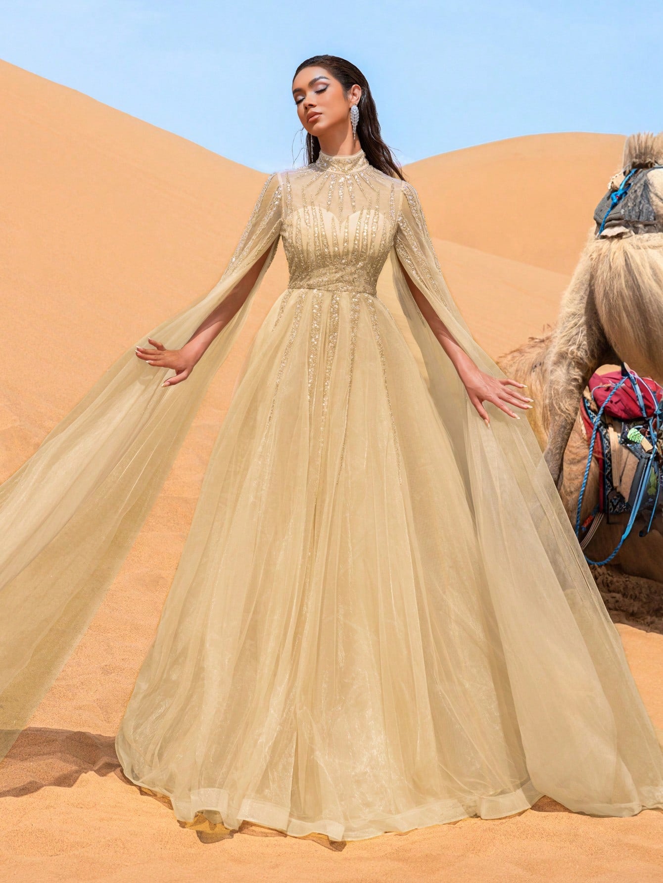 Gorgeous Beaded Detail Mock Neck Cloak Sleeves Tulle Formal Dresses & Evening Gowns
