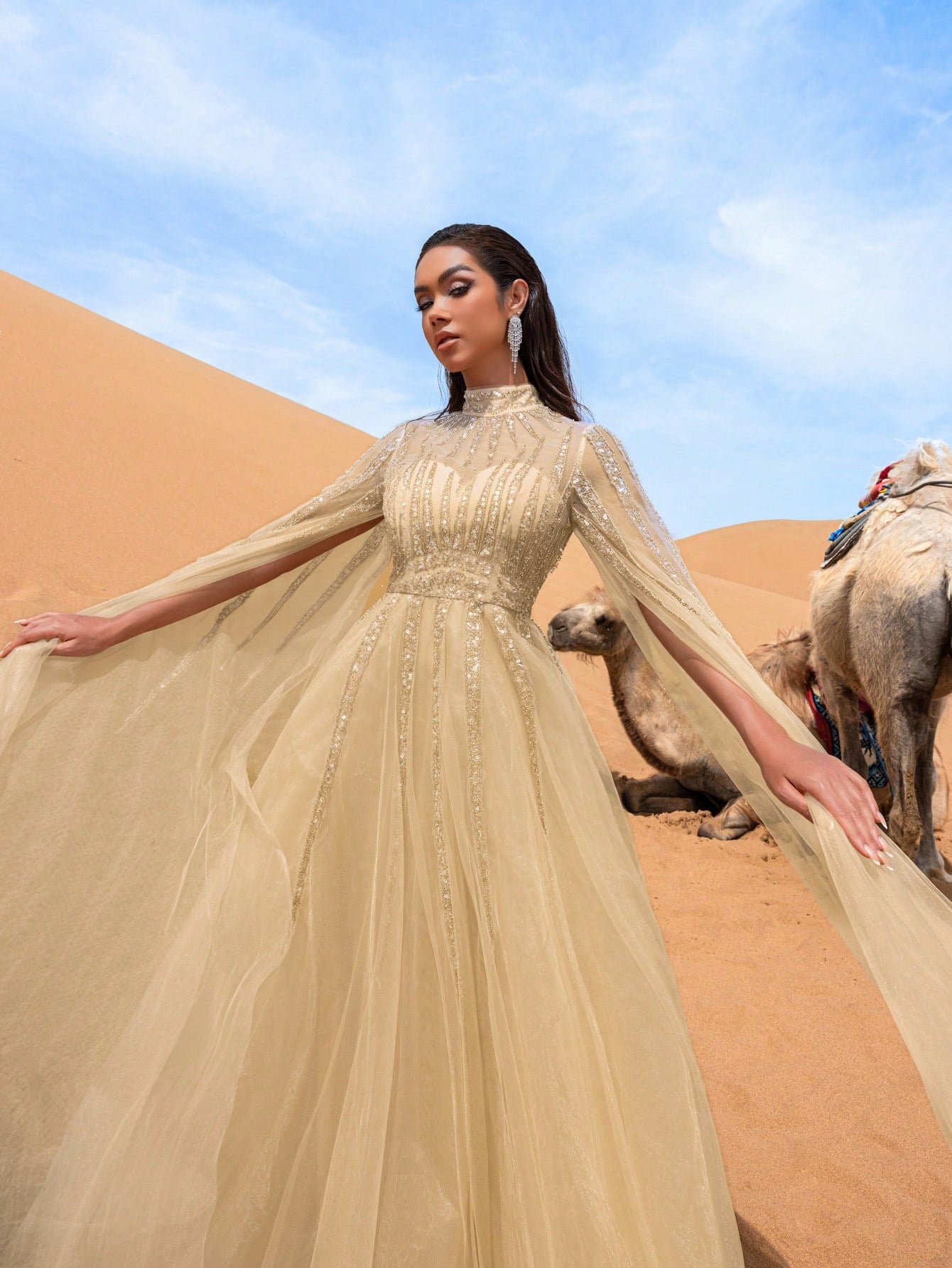 Gorgeous Beaded Detail Mock Neck Cloak Sleeves Tulle Formal Dresses & Evening Gowns