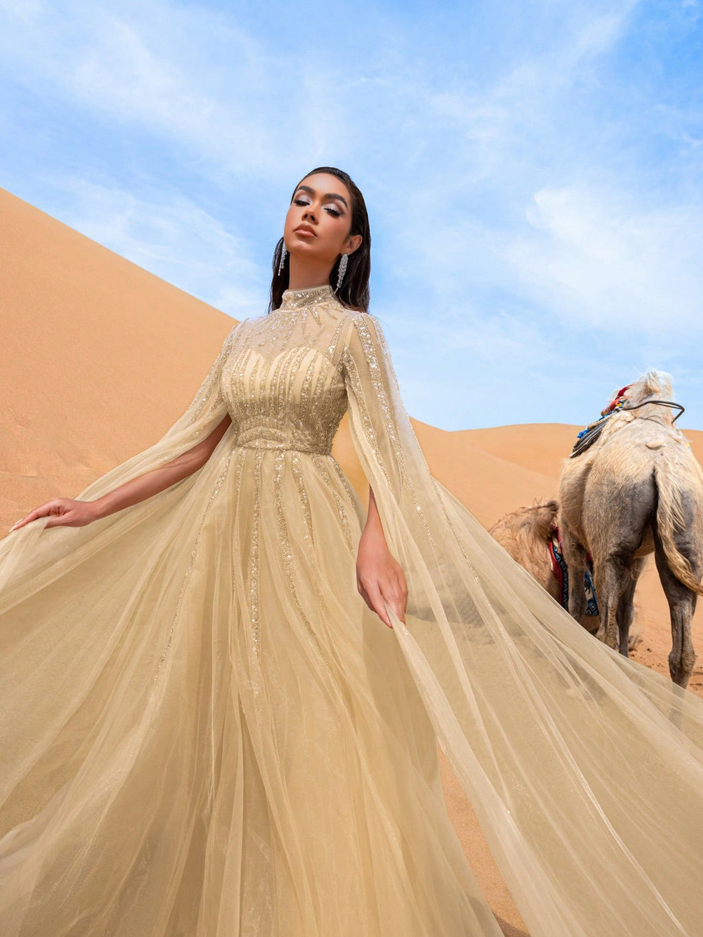 Gorgeous Beaded Detail Mock Neck Cloak Sleeves Tulle Formal Dresses & Evening Gowns