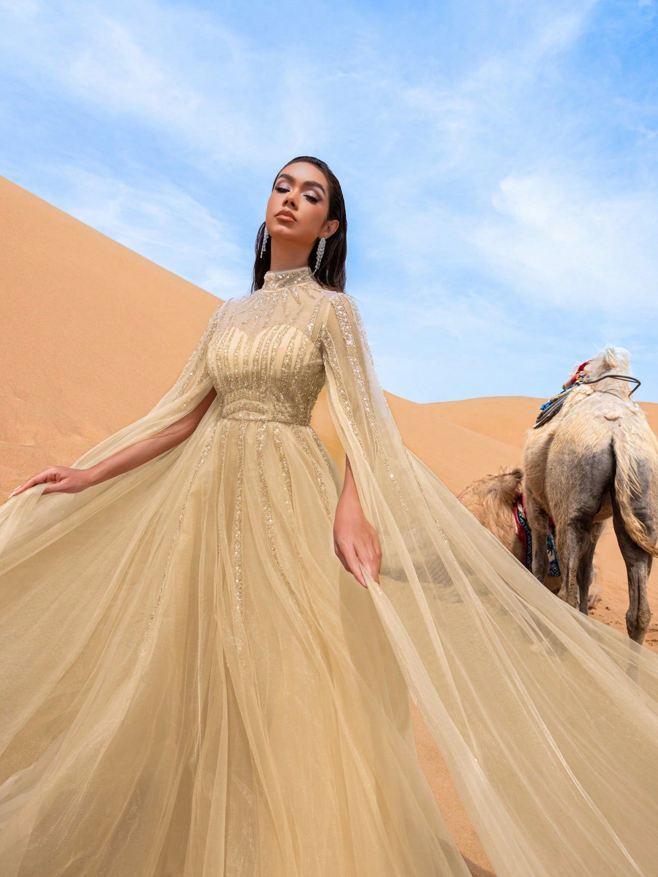 Gorgeous Beaded Detail Mock Neck Cloak Sleeves Tulle Formal Dresses & Evening Gowns