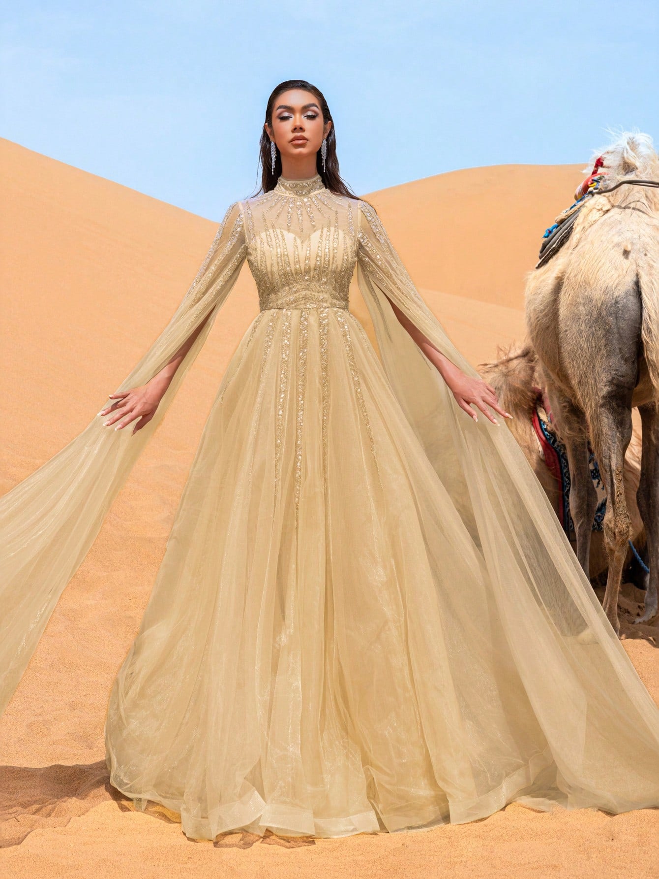 Gorgeous Beaded Detail Mock Neck Cloak Sleeves Tulle Formal Dresses & Evening Gowns
