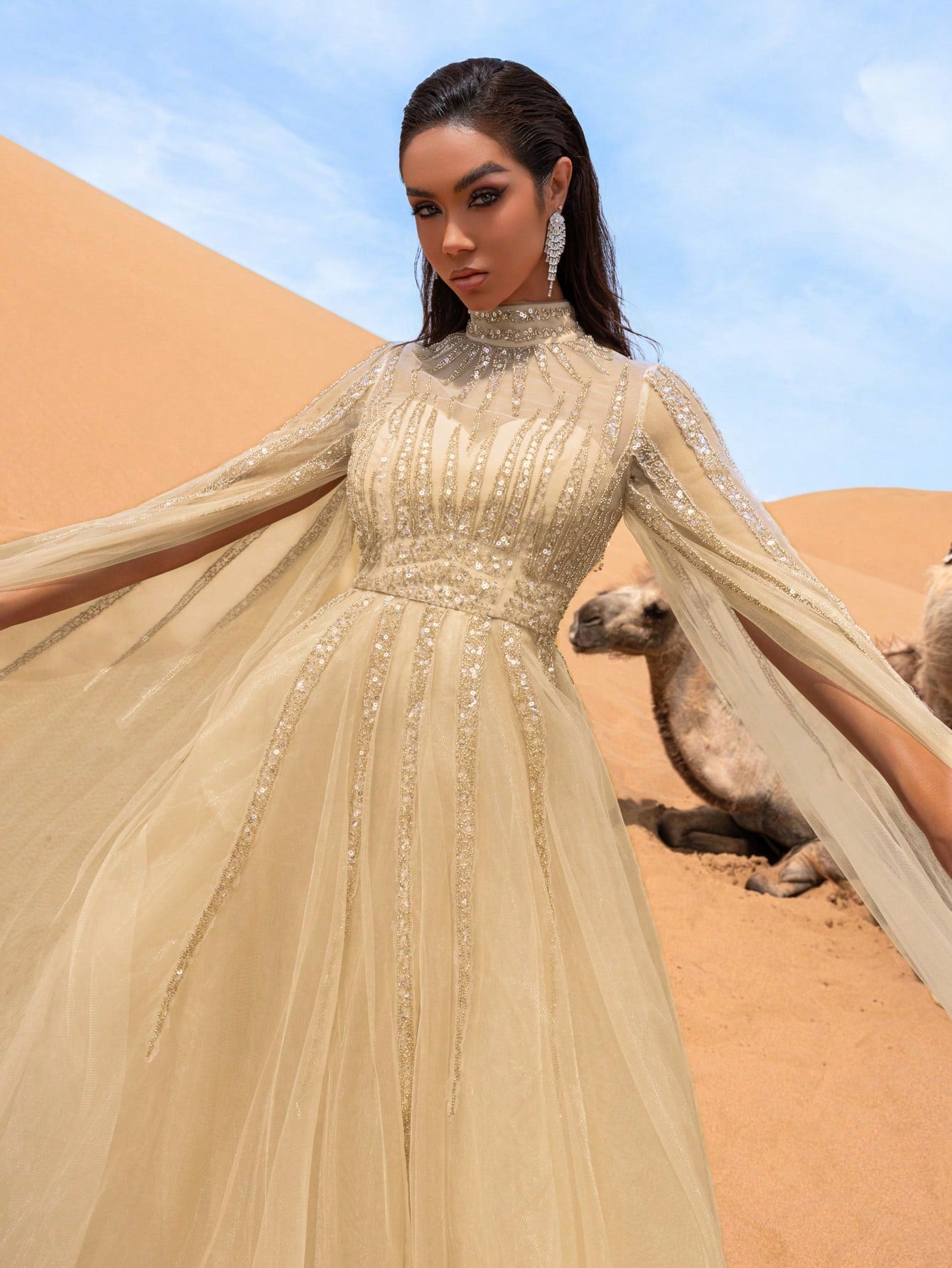 Gorgeous Beaded Detail Mock Neck Cloak Sleeves Tulle Formal Dresses & Evening Gowns