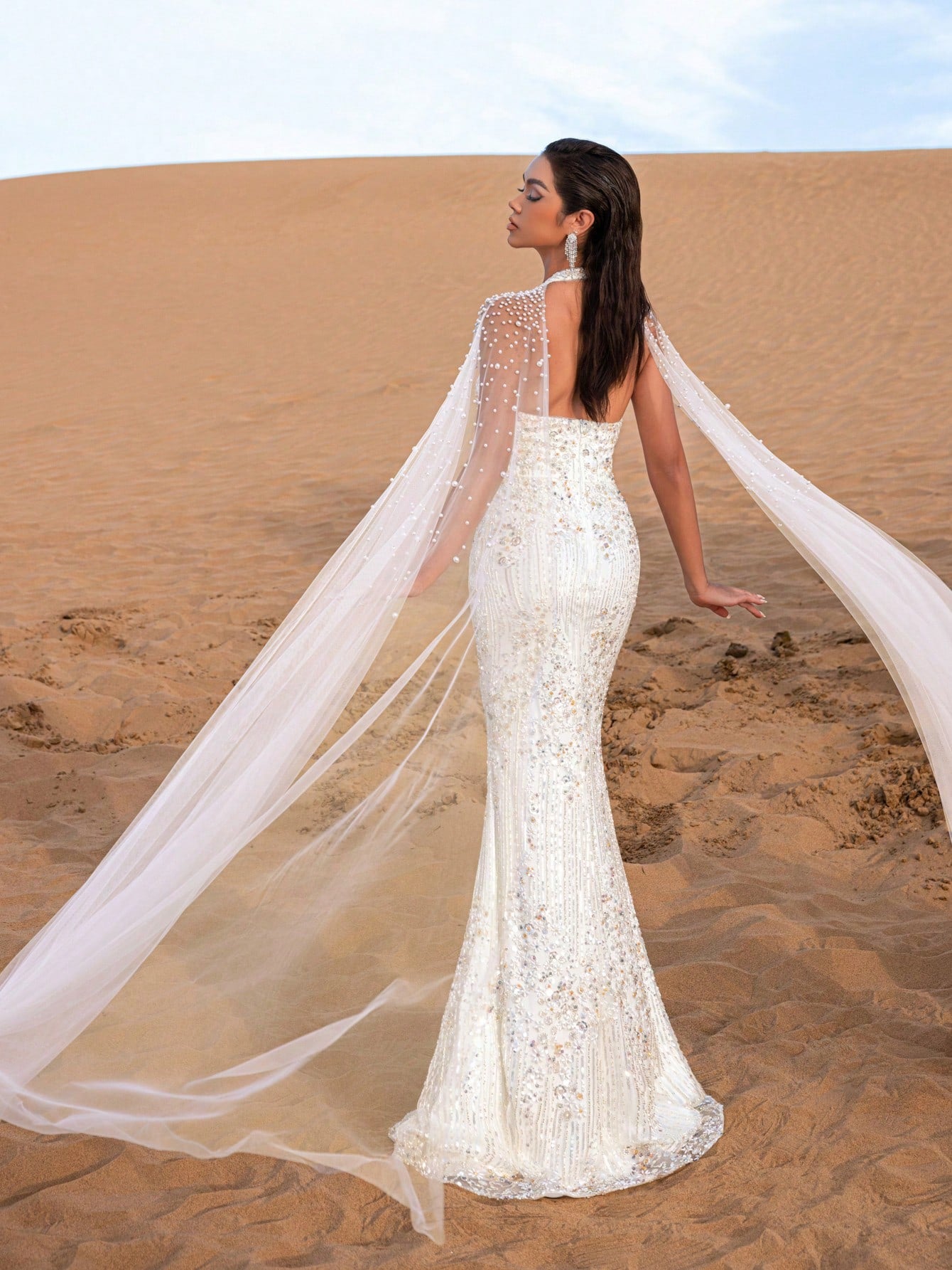 Luxury Backless Pearls Details Cape Sleeves Beaded Formal Dresses & Evening Gowns