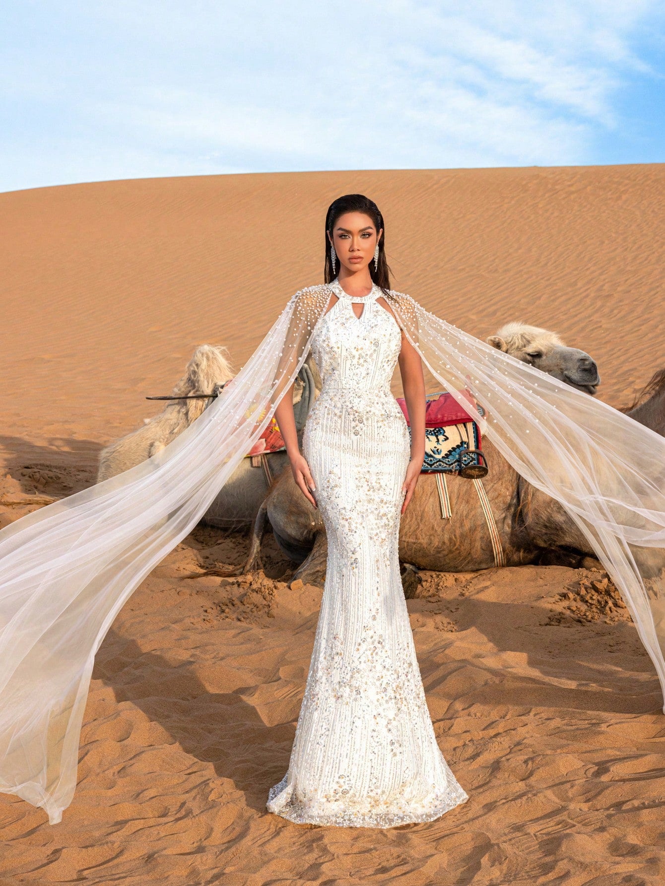 Luxury Backless Pearls Details Cape Sleeves Beaded Formal Dresses & Evening Gowns
