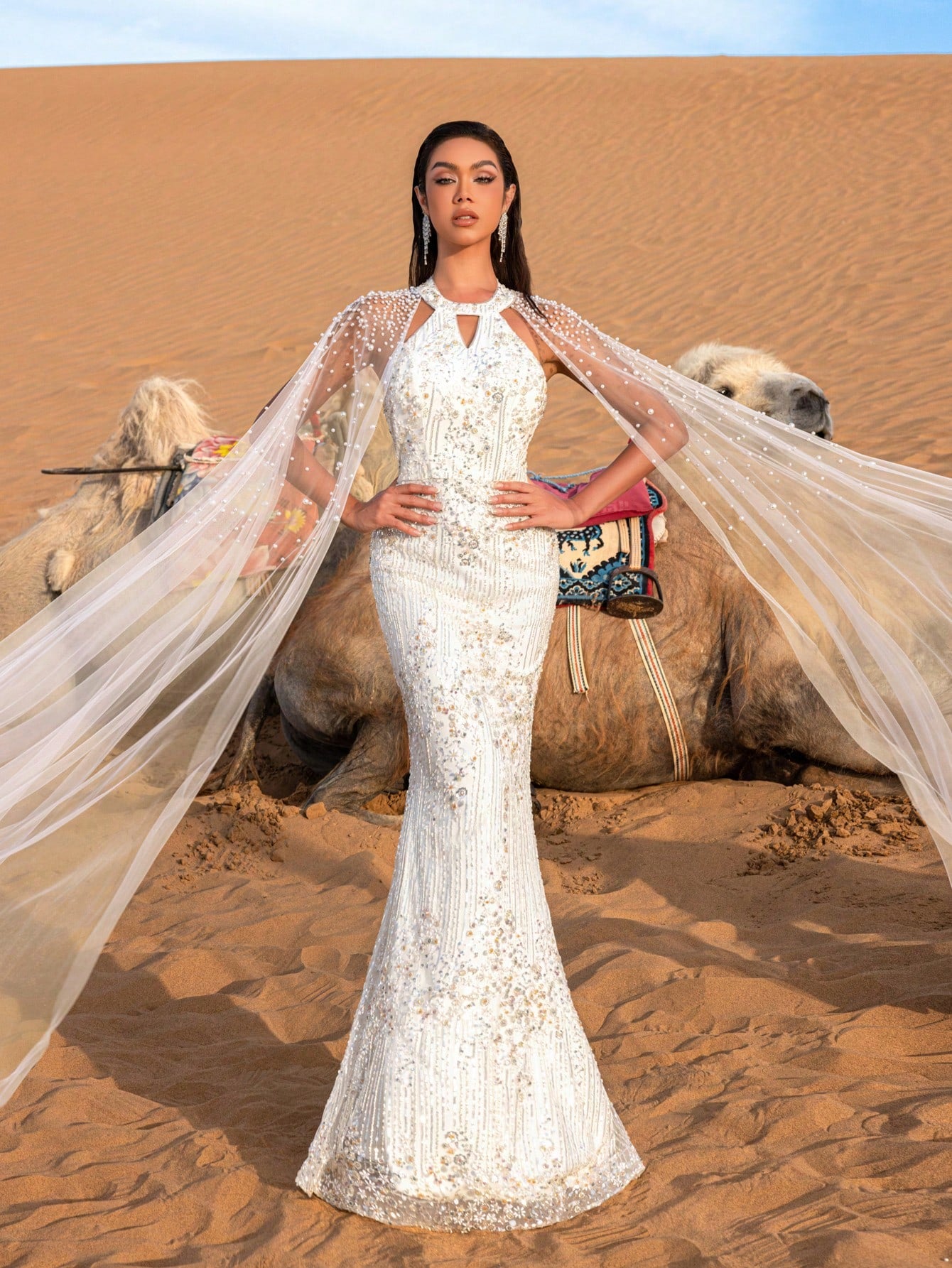 Luxury Backless Pearls Details Cape Sleeves Beaded Formal Dresses & Evening Gowns
