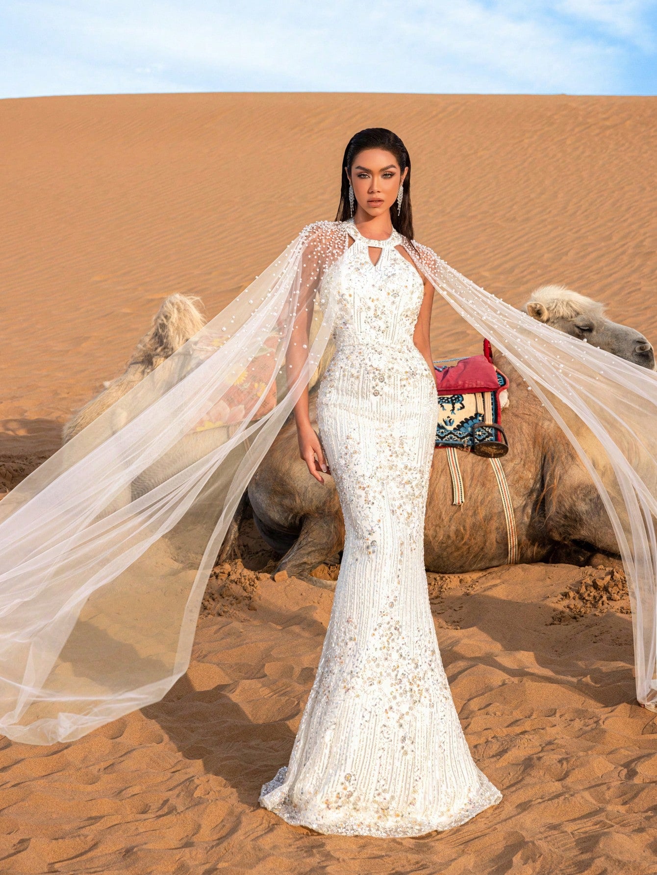 Luxury Backless Pearls Details Cape Sleeves Beaded Formal Dresses & Evening Gowns