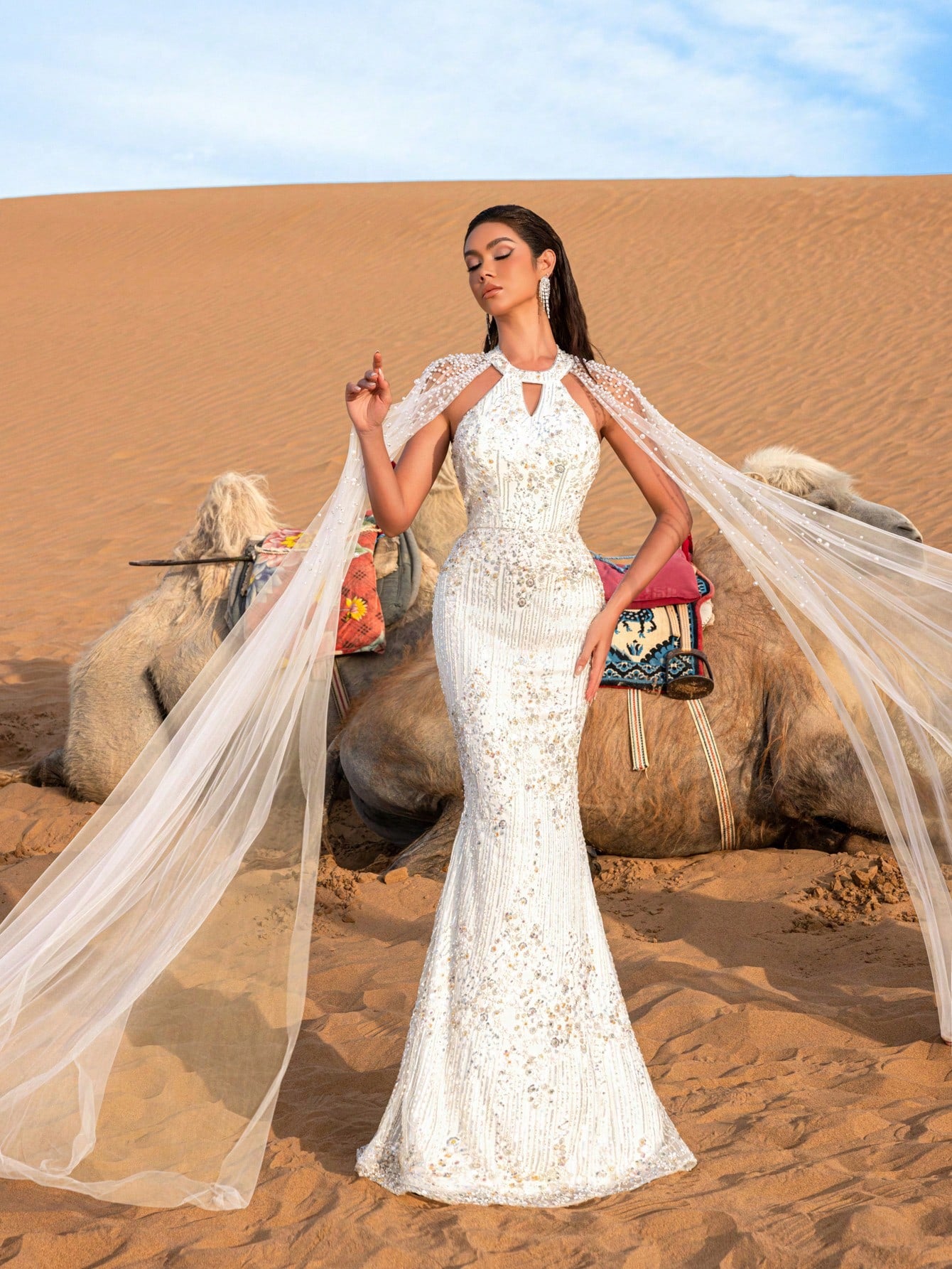 Luxury Backless Pearls Details Cape Sleeves Beaded Formal Dresses & Evening Gowns