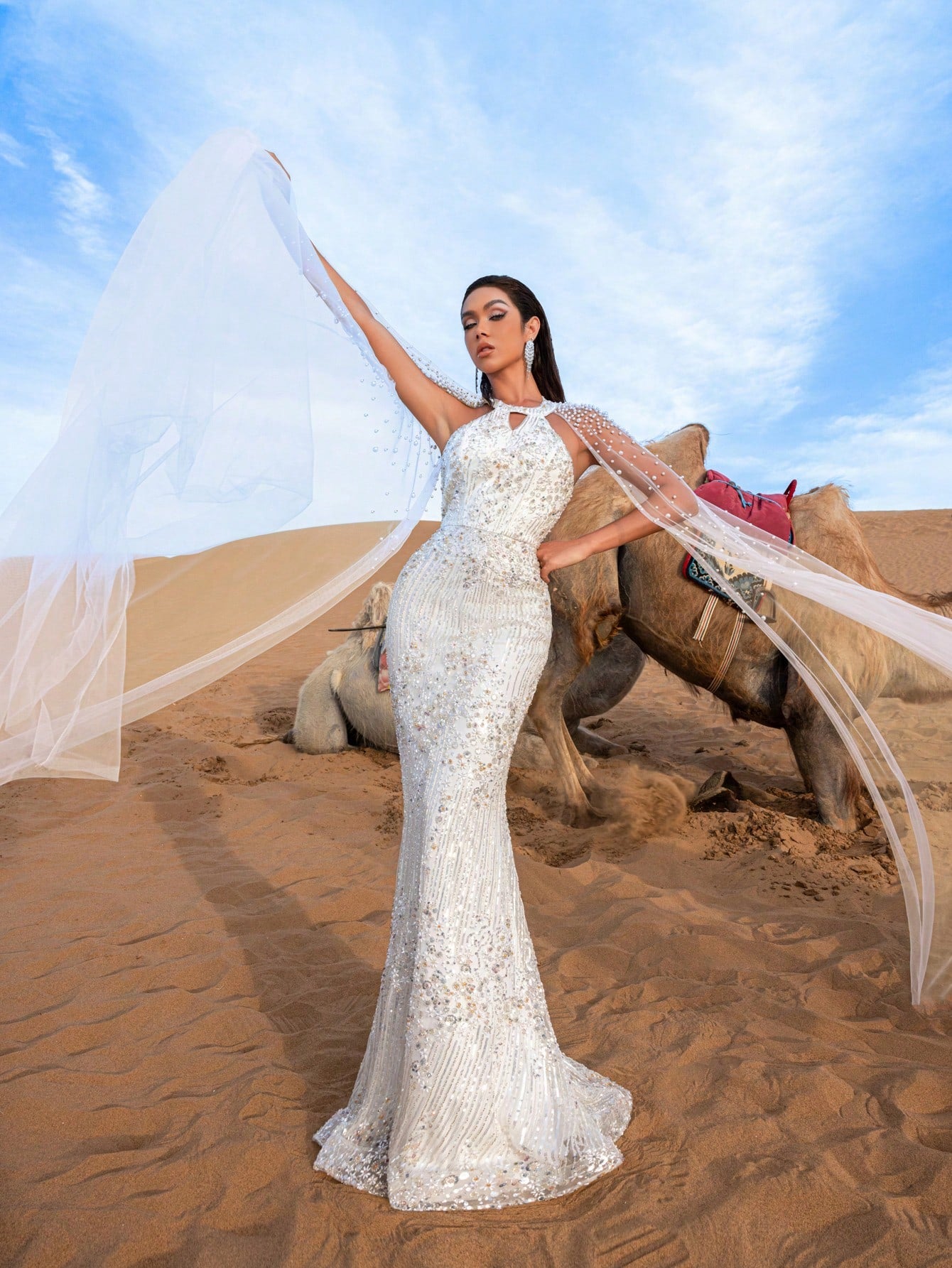 Luxury Backless Pearls Details Cape Sleeves Beaded Formal Dresses & Evening Gowns