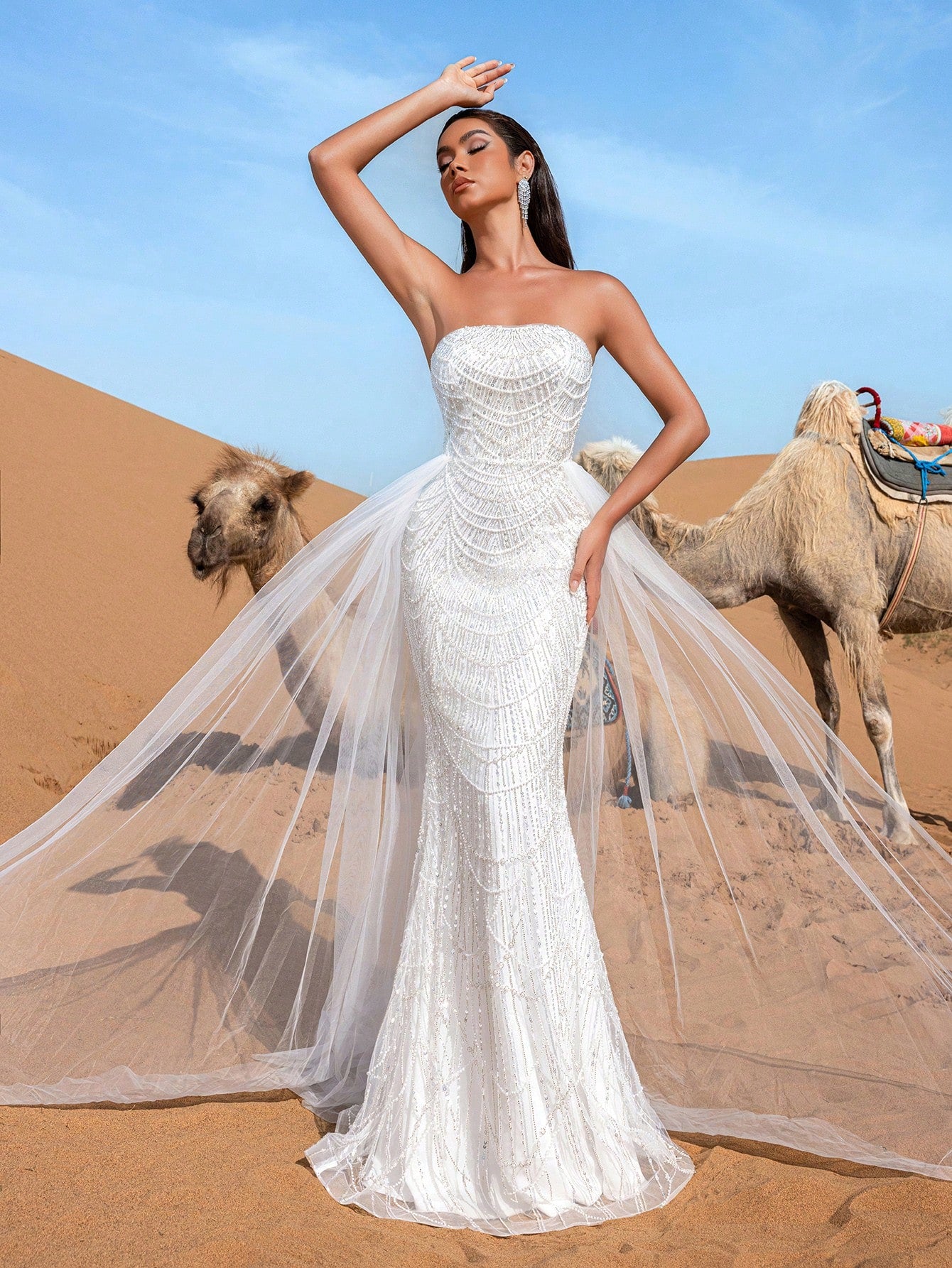 Luxury Gorgeous Tube Top Splice Mesh Hem Floral Beaded Sequin Formal Party Dress