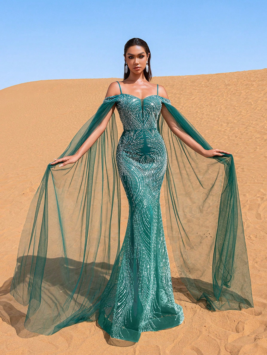 Luxury Cold Shoulder Sheer Cape Sleeves Beaded Embellishments Evening Dress