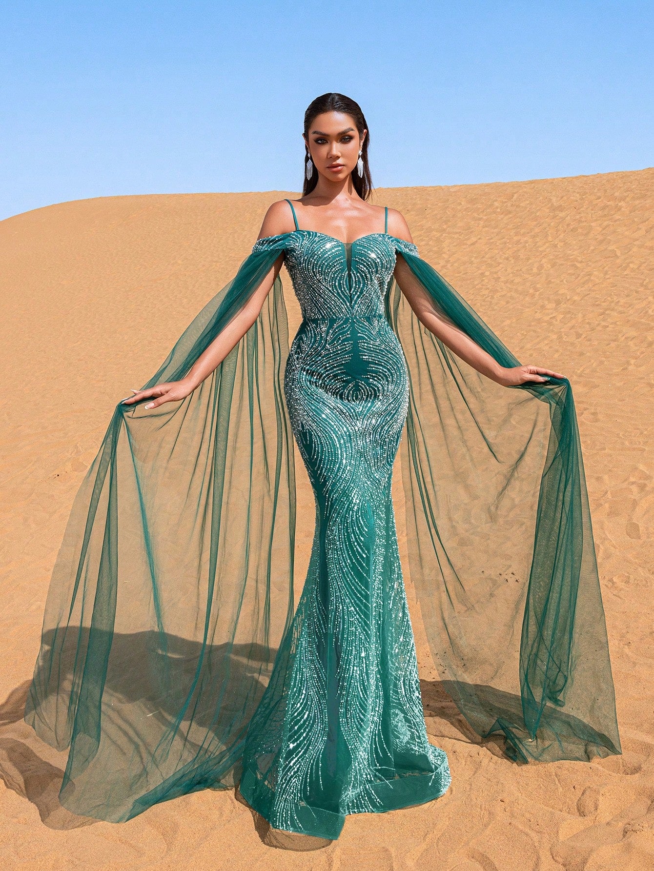 Luxury Cold Shoulder Sheer Cape Sleeves Beaded Embellishments Evening Dress
