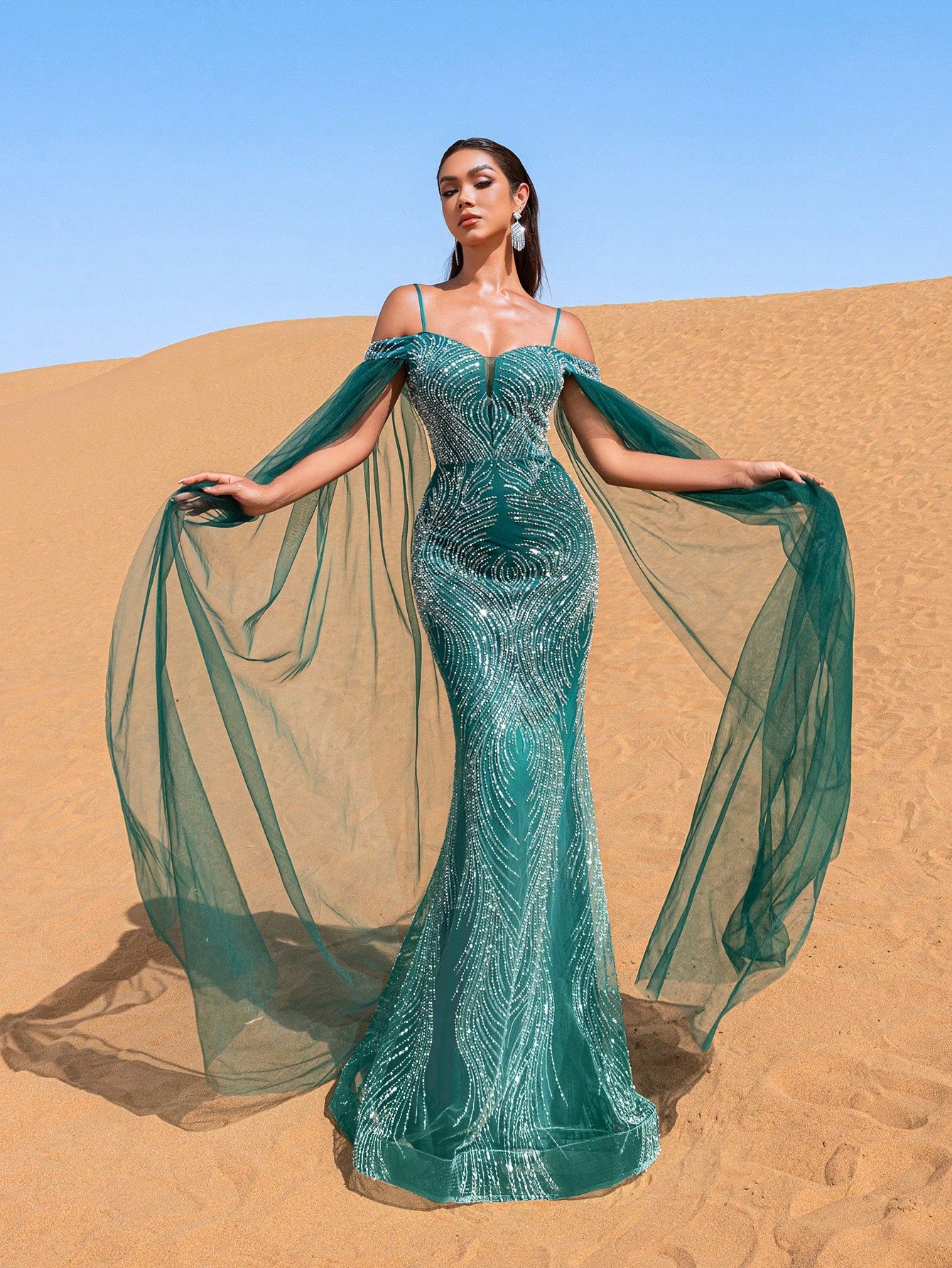 Luxury Cold Shoulder Sheer Cape Sleeves Beaded Embellishments Evening Dress