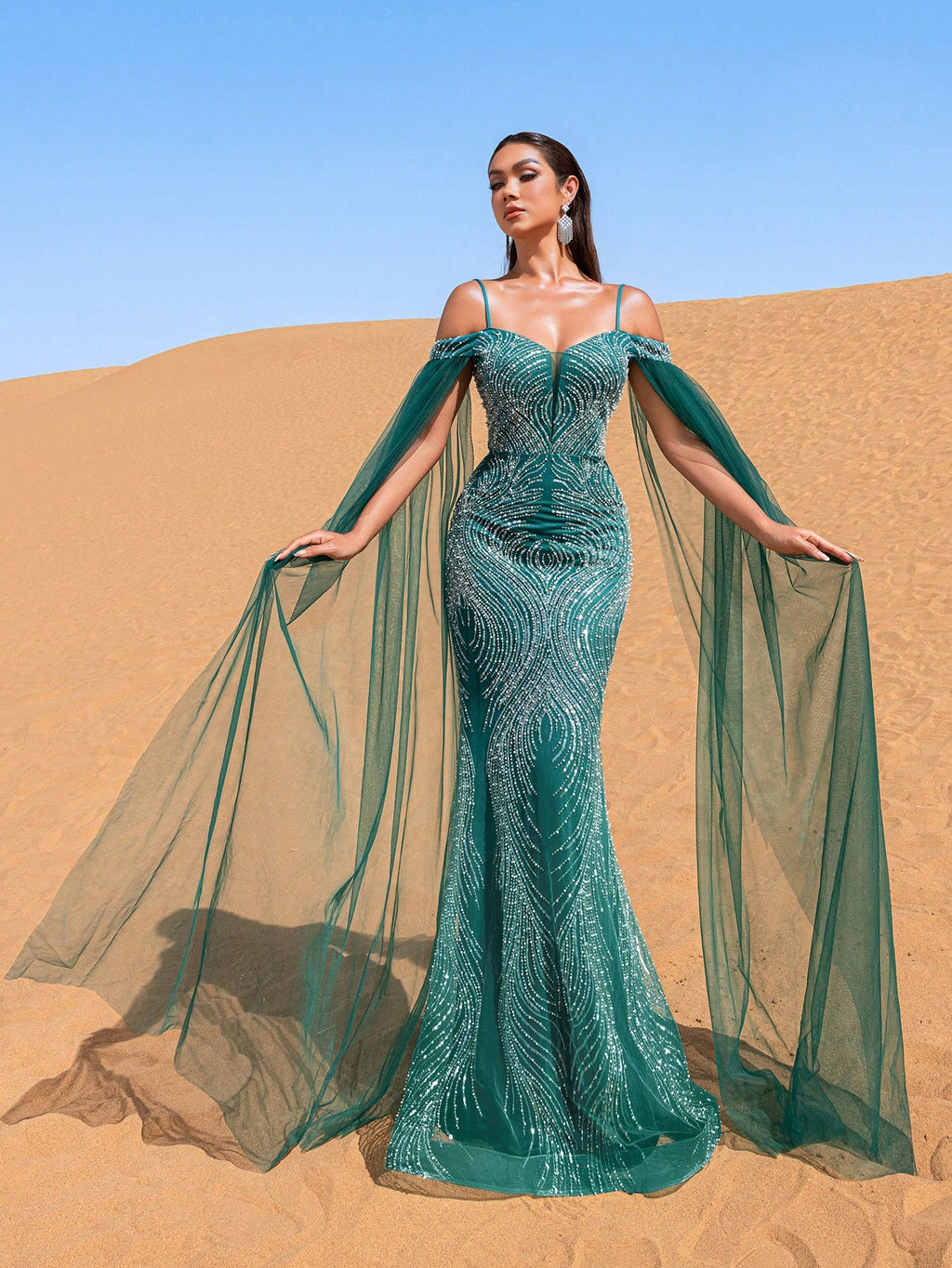 Luxury Cold Shoulder Sheer Cape Sleeves Beaded Embellishments Evening Dress