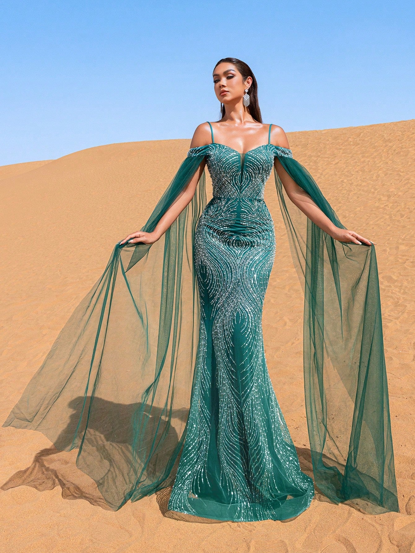 Luxury Cold Shoulder Sheer Cape Sleeves Beaded Embellishments Evening Dress